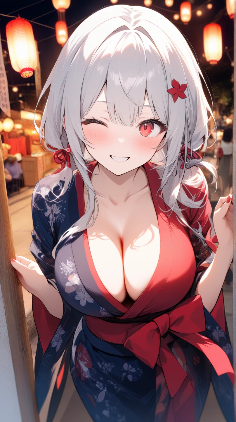 (((masterpiece, best quality))), (((superior quality))), cute girl, ((extremely detailed girl)), (huge breasts), (yukata), (bare shoulders), strapless top, slight smile
