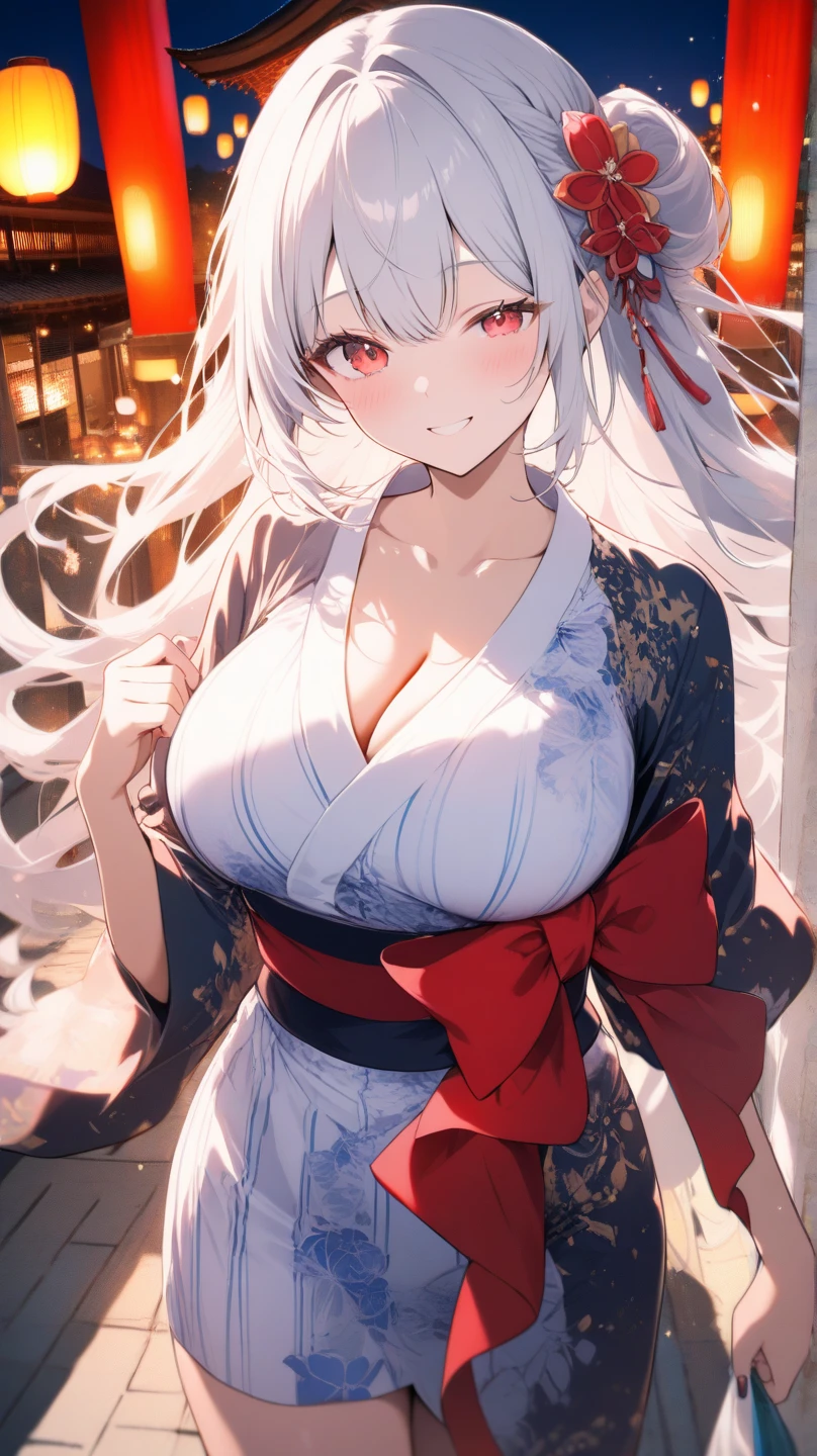 (((masterpiece, best quality))), (((superior quality))), cute girl, ((extremely detailed girl)), ((huge breasts)), yukata, bare shoulders, strapless top, long silver hair, happy