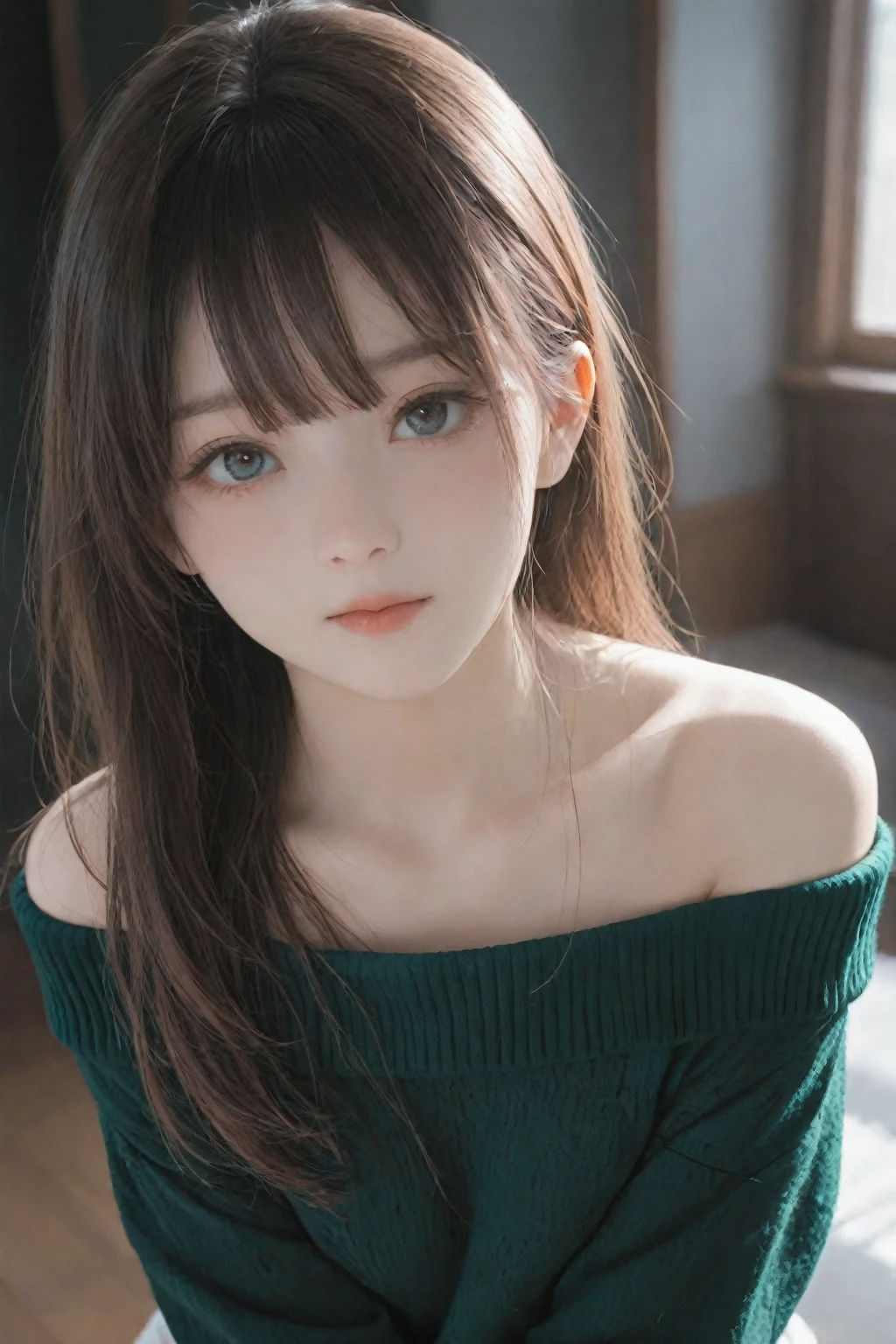 (1 nogizaka girl,raw photo,photo realistic:1.5),(best quality, high quality,HDR, highest quality,ultra high resolution,high resolution,high res,ultra high difinition,huge file size,8K,2K wallpaper,8K wallpaper,high quality texture,amazing,an extremely delicate:1.4),one girl, Japanese famous idol,beautiful face,small face,absurd,ridiculous,incredibly ridiculous,portrait,breasts close up,blurry background,(maid costume,cleavage,no makeup:1.2),medium skin,beautiful skin,detailed skin,small head,black hair,silky hair,(Japanese eyes,round eyes:1.5),detailed eyes,black eyes,Japanese idol eyes,Japanese nose,5-fingers,(eyebrow:-0.5),(Light Particles, Lens Flare, Luminous Particles: 0.7),looking at viewer,bright lighting,professional lighting,girl