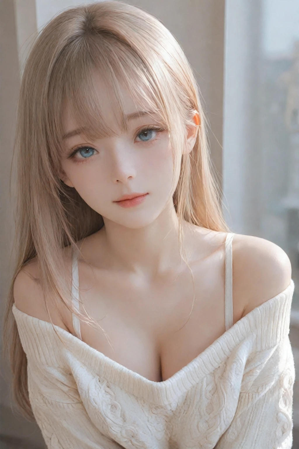 ((whole body)), yushuxin,1girl,solo, Shoot from a random angle, 22-year-old Japanese model, Slim, thin waist, curls, blond hair, warm light, Warm toned slender legs, cross legs, inside the room, Sit at a desk in the classroom, Posing for photos, Pose gracefully, blonde hair, striped hair, hair accessories, heart shaped pupils, cosmetic, faint smile, Shy, Lick lip, romanticism lain, Social realism, chiaroscuro, motion blur, relief, Sony FE General Manager, ultra high definition, masterpiece, textured skin, Super details, best quality