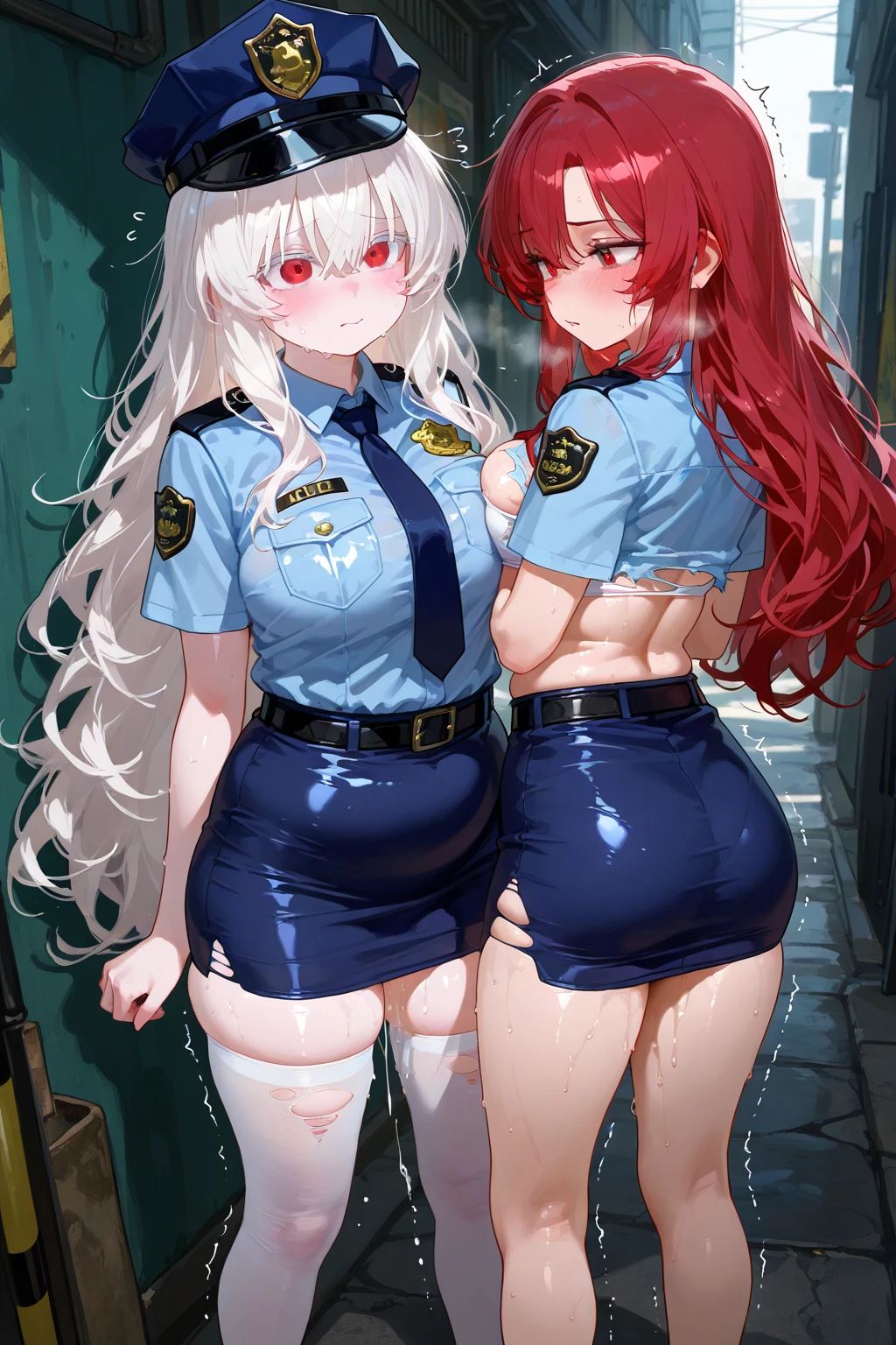 NSFW,((Perfect human body)),Two Girls, Red eyes, Wavy silver hair, Pointed Ears, vampire, Drooping eyes,Police uniform,Anxious expression,Police hat,skirt,Mobile Task Force Heavy Equipment,Big Breasts,Hair Flowers,Urban area,whole body,Character portrait,捲れ上がるskirt,Striped panties,bulge in the crotch,skirtの短いメイド服,Possession of a gun,Main Street,futanari,Micro Panties,Browsing Caution,Pussy juice,erection,Pussy juice,Creampie,penis,penis in pussy,Sex,Lovers,Red Hair,Formal hairstyle,Suspicious Smile