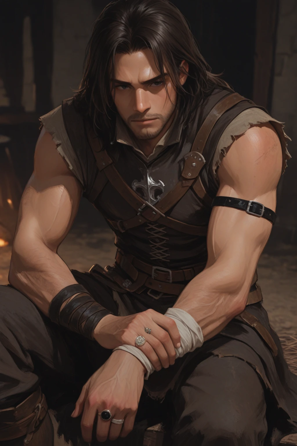 ((ultra detailed, masterpiece, best quality))
 <lora:BGHalsin:0.9>
BGHalsin, 1boy, solo, long hair, brown hair, scar on face, druid cove, sitting