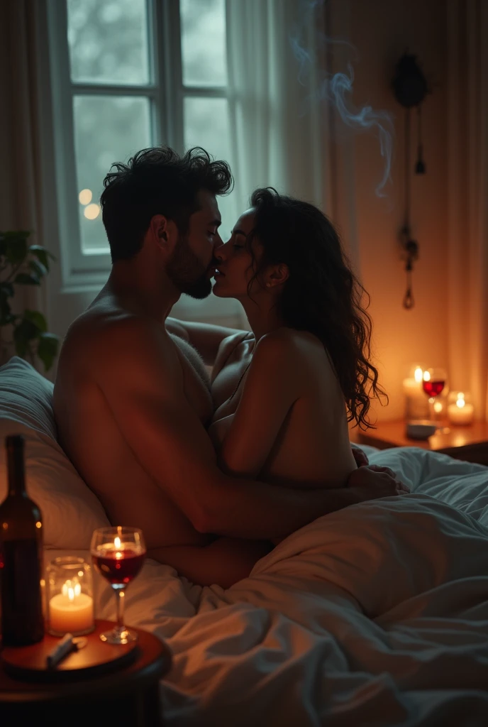 A romantic and sensual scene in which a man and a woman meet in bed, illuminated by the warm glow of candles. El ambiente se ve enriquecido con un mar de rosas y una botella de aceite de masaje.
