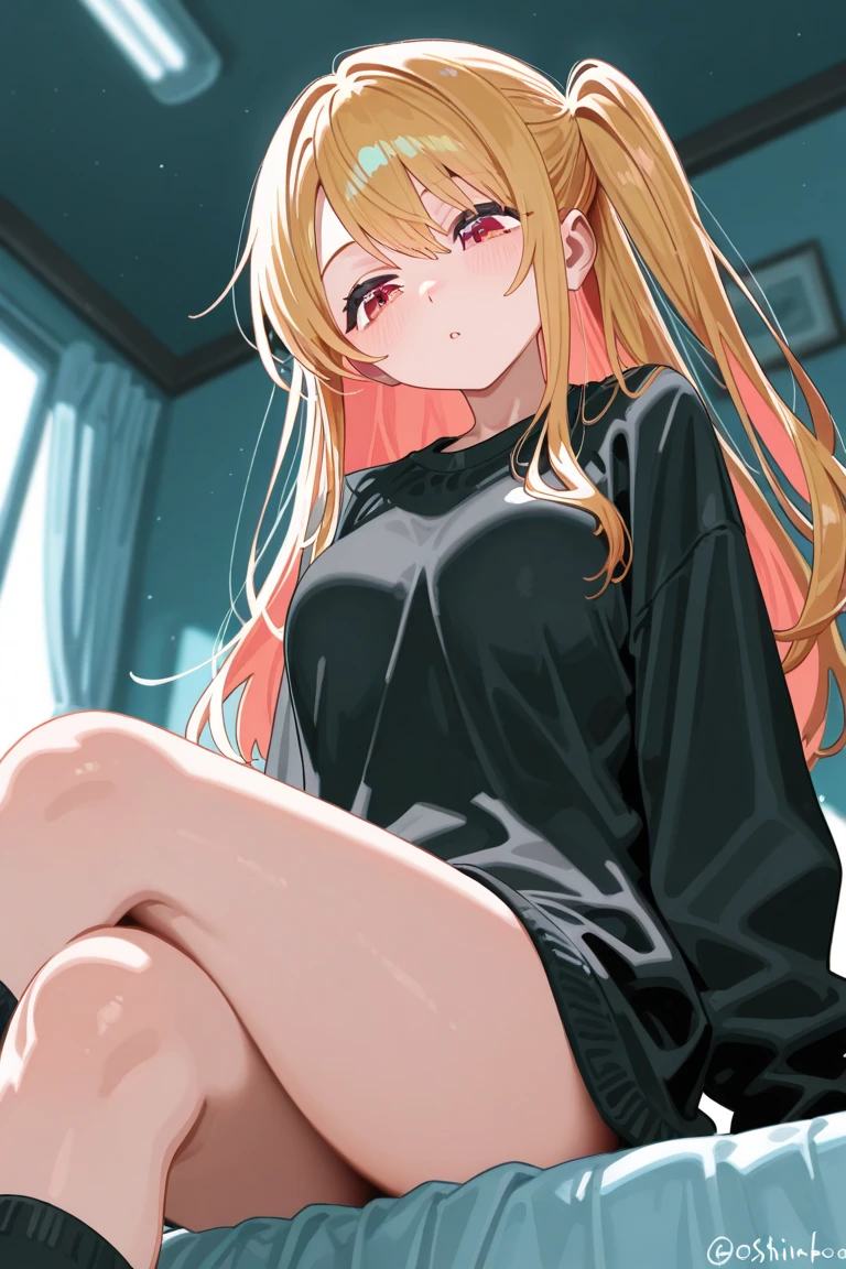 masterpiece, 1girl, nsfw, pijama shirt, no pants, ((pussy)), vulva, standing, low angle,cozy, sensual, embarassed, puffy, aroused, night, warm colors, piajama,BREAK perfect face,expressive eyes, cute