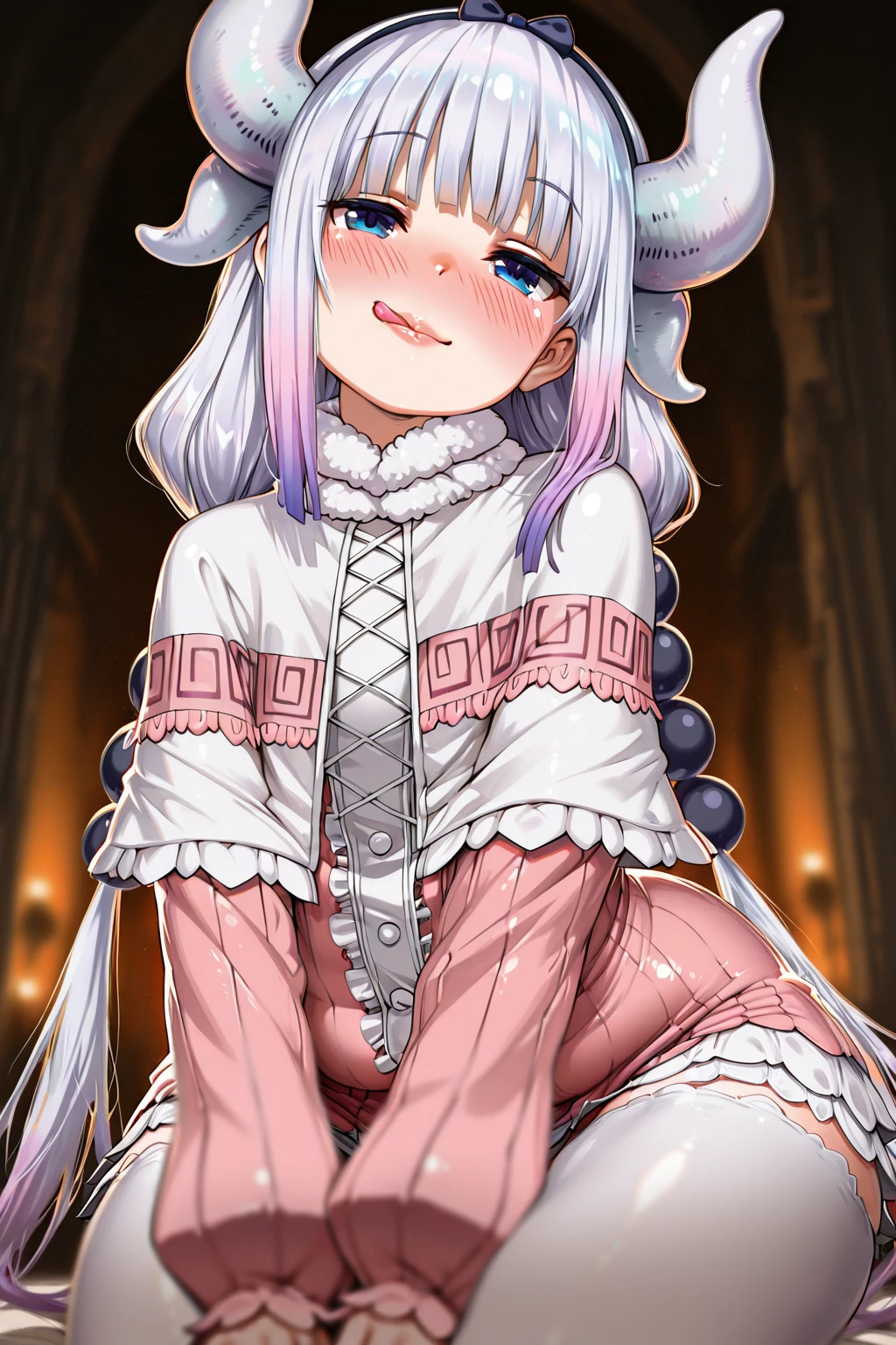 ((masterpiece, best quality)),high resolution,ultra detailed,detailed background,8k,16k,perfect lighting,detailed beautiful eyes,1girl,solo,nsfw,embarrassed,blush,look at viewer,show off pussy, (bottomless,squatting,from front:1.4),skirt lift,(steam,sweat,yellow peeing:1.2),wavy mouth,open mouth,half-closed eyes, ,aura the guillotine, long hair, (purple eyes:1.1), purple hair, braid, horns, twin braids,(small breast,child_body)