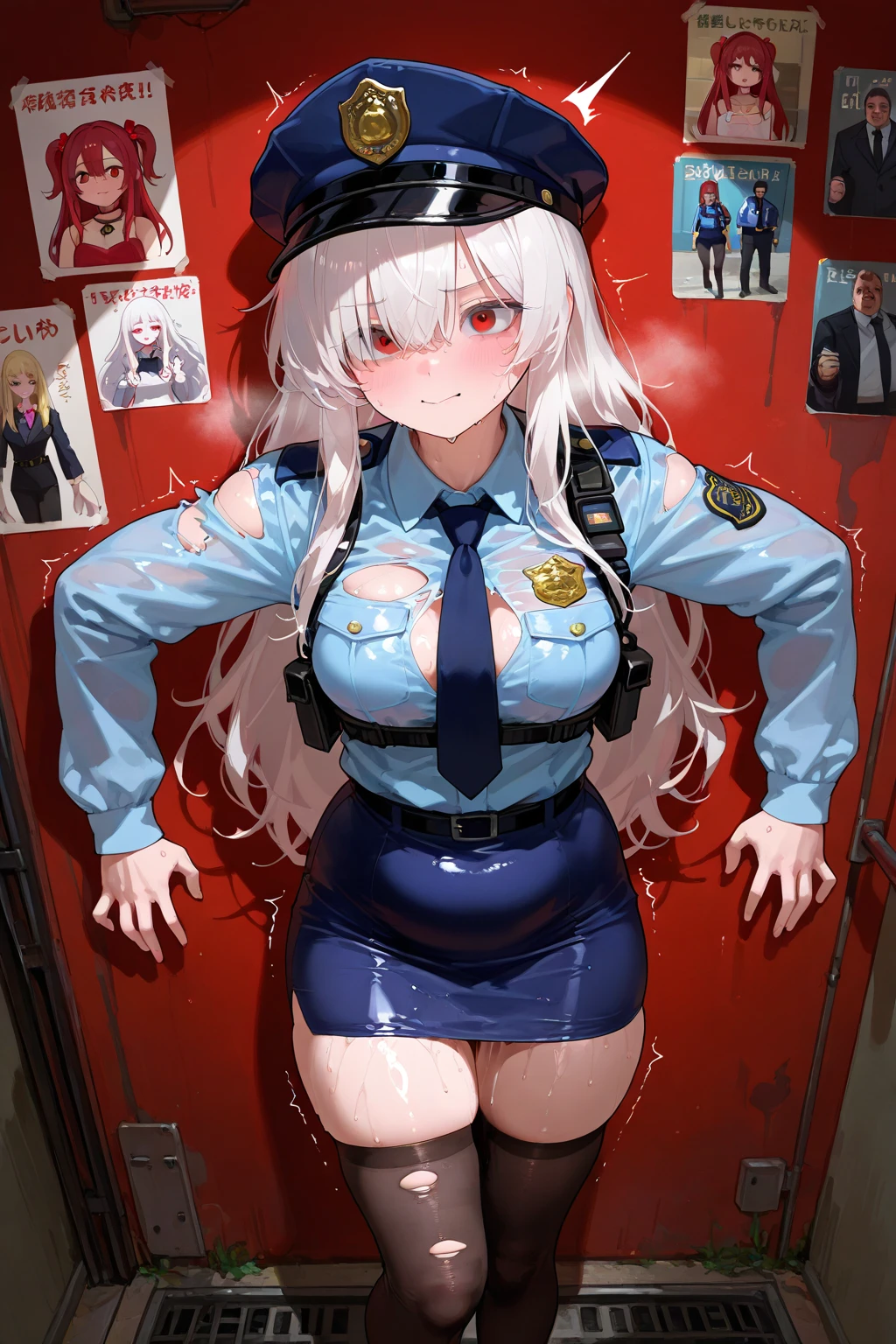 (white hair:1.1),medium breasts,long hair,red eyes,1girl,medium breasts,straight hair,((nippleless bra:1.3)),nipples,(black bra:1.1),((pussy juice:1.2)),((lace trim:1.3)),((crotchless panties:1.1)),pussy,night,((pov:1.1)),((blush:1.3)),((embarrassed:1.3)),<lora:æè£ æ
è¶£å
§è¡£2:1>,exhibitionism,public indecency,masterpiece,best quality,((arrest:1.7)),((two police at side:1.5)),arms behind back,(caught:1.2),