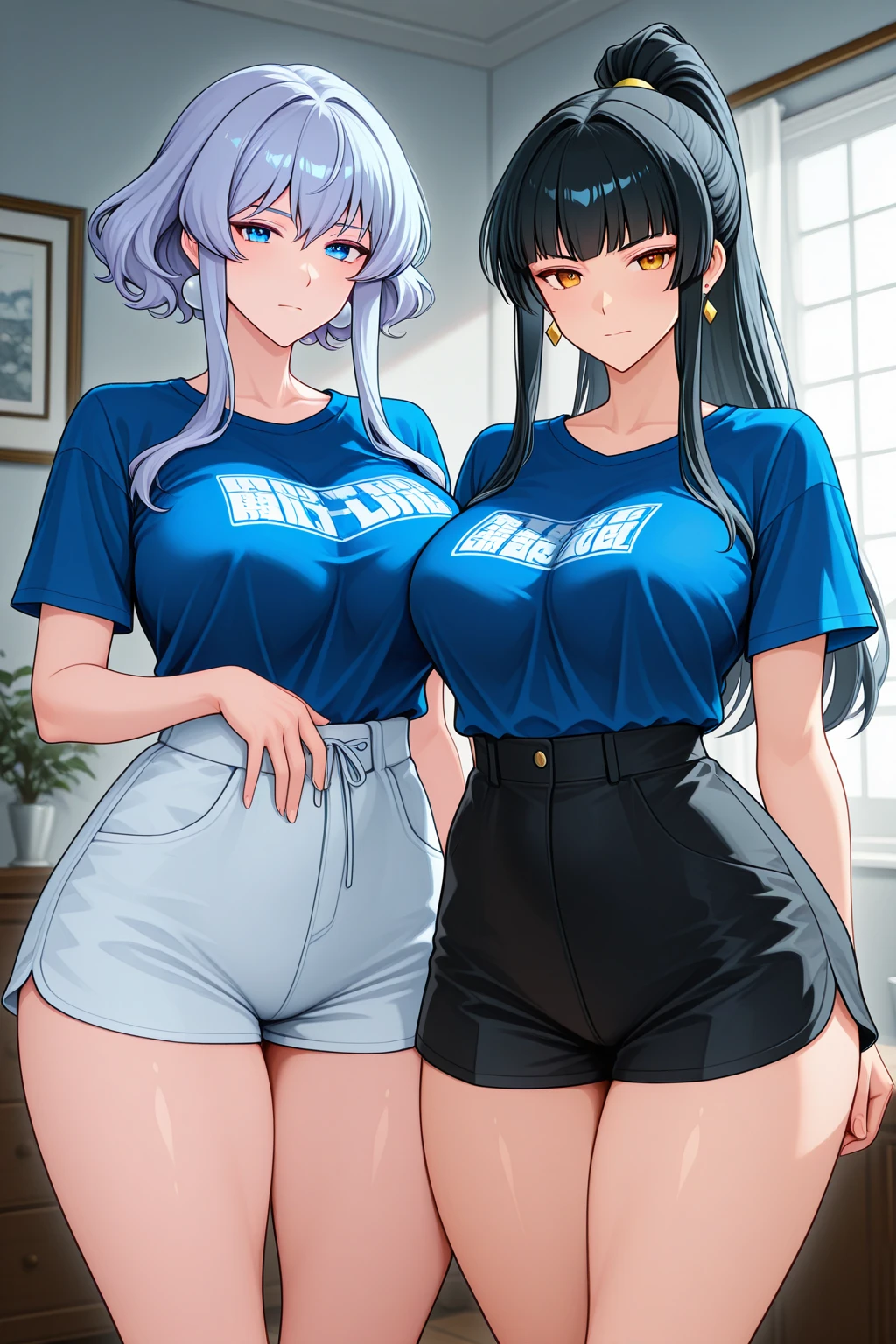 a solo cartoon of a woman in tight pants and a shirt, bimbo at the gym, thicc, oc commission, commission for high res, hands behind her body pose!, inked and colored, cel shaded!!!, cutesexyrobutts, full body portrait of a short!, fullbody commission for, thighs!!!!!!, lowres, thighs!!!, a full bodyof a solo woman with a black hair and a blue top, short black hair, anime visual of a woman, female anime character, town
