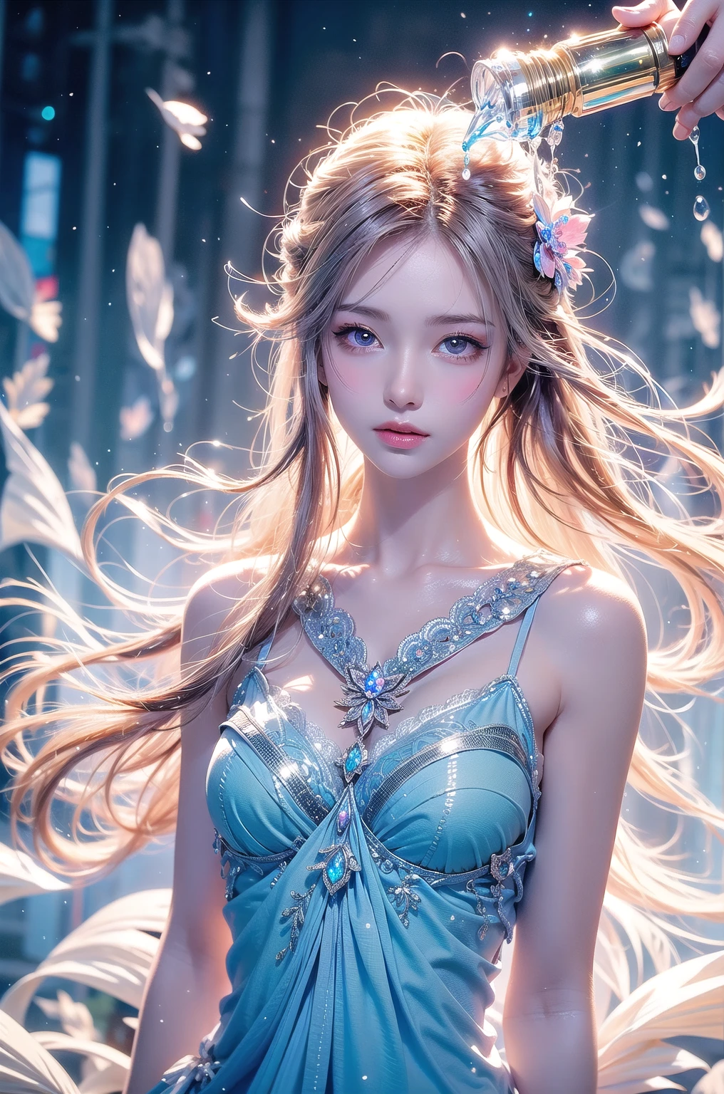 (Upper body photo:1.5)、dutch angle. wood, Exquisite mini ice spikes and crystals, A frozen waterfall in the background, Light reflected by ice crystals, Flowing snowflakes.1 girl、pretty girl,A realistic person,Beautiful cleavage,((small breasts)),Thin legs、Tight waist、standing, Long dress