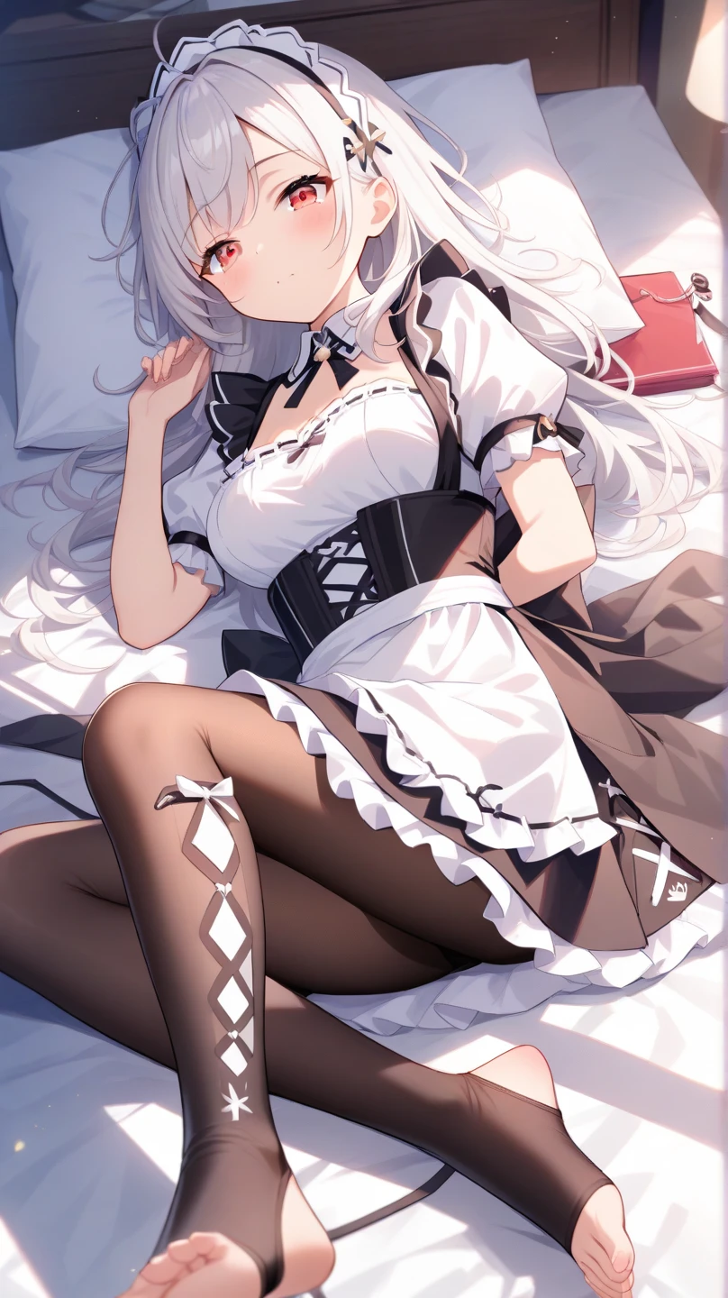 Anime girl in maid costume sitting on bed with phone, loli in dress, anime girl in a maid costume, gorgeous maid, Maid outfit, small curvaceous loli, anime barbie in white stockings, Guviz, Maid dress, Loli, Guweiz in Pixiv ArtStation, Fine details. Girl Front, maid, beautiful anime girl crouching