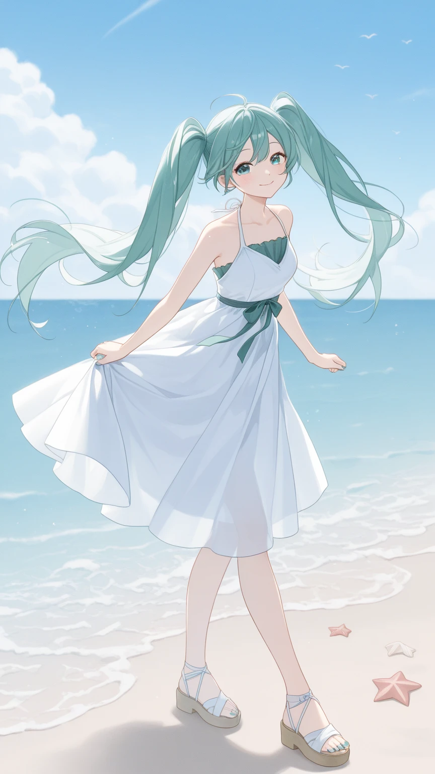 1girl , (incredibly_absurdres:1.5),  'solo' 'an extremely delicate , beautiful girl , 8k wallpaper , masterpiece , (green eyes:0.6|white eyes:1.7|cyan eyes:0.6 color) eyes , 1girl ,  long hair ,  ,  '((solo))', ,[green hair:1.7|white color hair:0.5|cyan hair:1.9|grey hair:1.0] hair, ,  hair between eyes , (messy hair:0.8|floating hair:1),  crossed bangs, bare_shoulders ,  white_thighhighs , (hair) , shy , (cleavage:1.1) , (huge breasts:0.6) ,   (high ponytail:1.4|braid twintails:1.4), (standing)  , art by Cornflower, dreamy , (beautiful detailed water:1.3|beautiful detailed sky:1.2|fluttered detailed splashs:1.5),, masterpiece, best quality,<hypernet:cornflower_v7_phantom:0.05>, masterpiece, best quality,       smile
