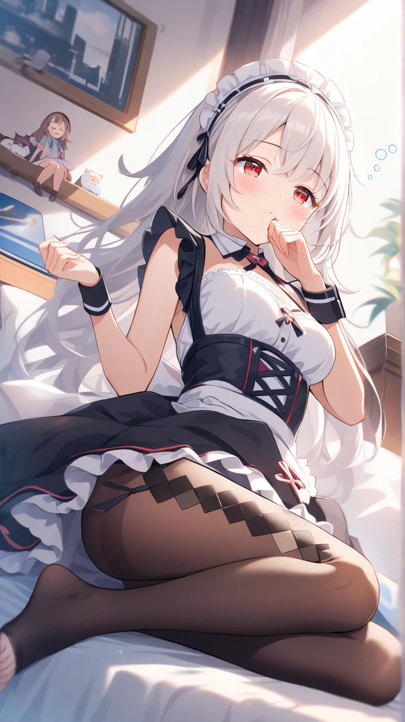 anime - image de style d&#39;une femme vêtue d&#39;une robe blanche assise sur un lit, un dessin animé de Shitao, pixiv, tibia suspendu, perfect cheveux blancs girl, fille anime séduisante, Tifa Lockhart aux cheveux blancs, les mieux notés sur pixiv, cheveux blancs, des filles de première ligne, chez pixiv, Artgerm extrêmement détaillé, cheveux blancs deity