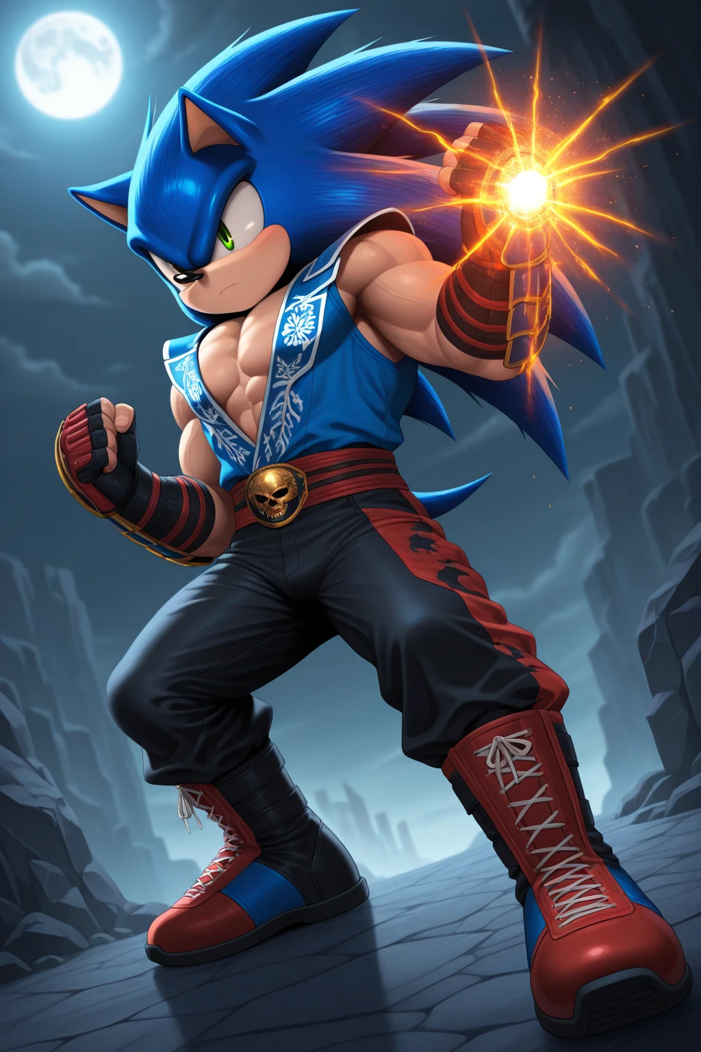 score_9, score_8_up, sonic (series), Sonic the hedgehog, muscular, shirtless, charge stance, kamehameha charge stance, energy ball, aura, electricity, wasteland,