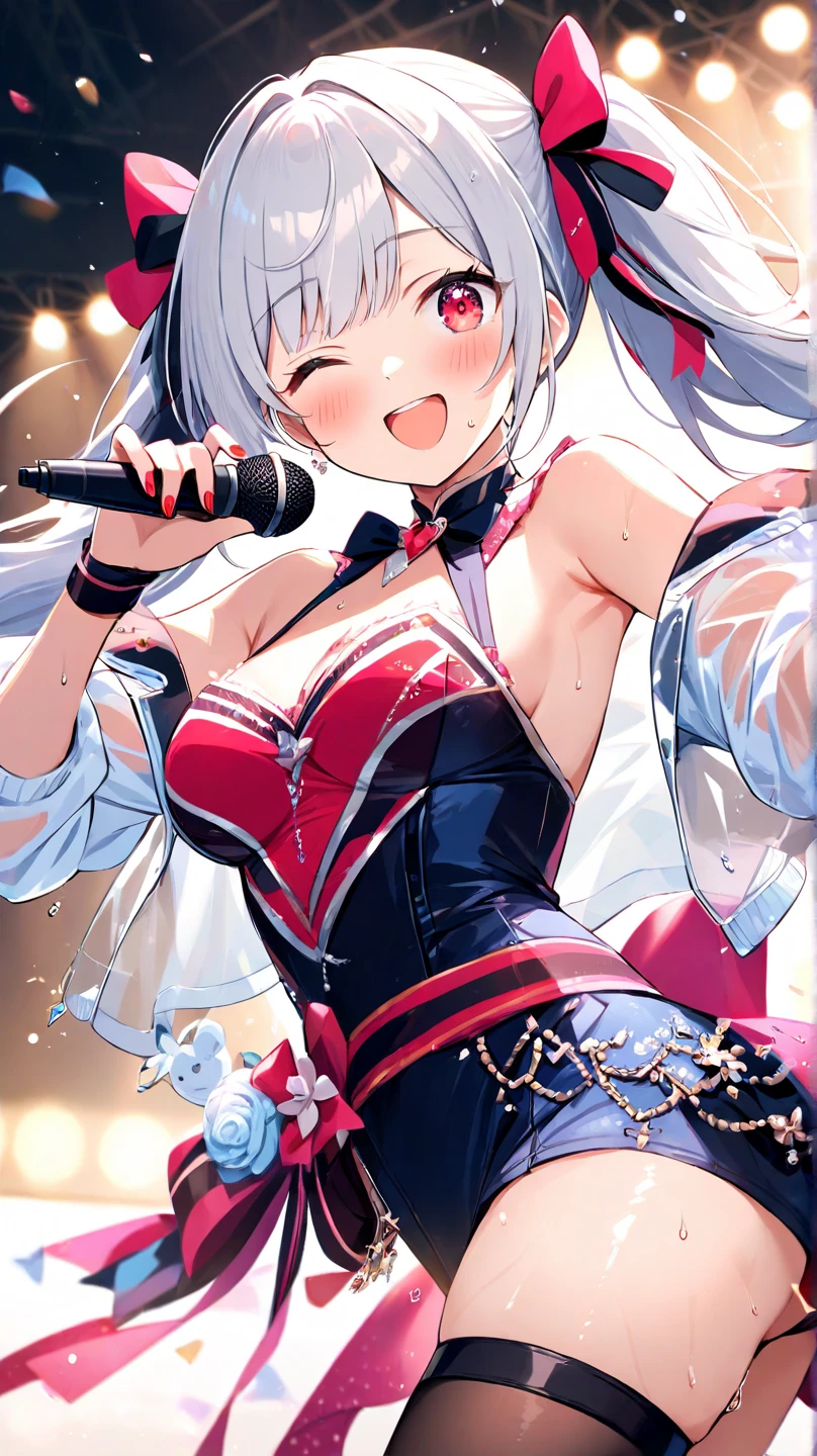 Post card, sexy waifu, long silver hair, green eyes, anime style. Busty, cute outfit, with the words "happy birthday"