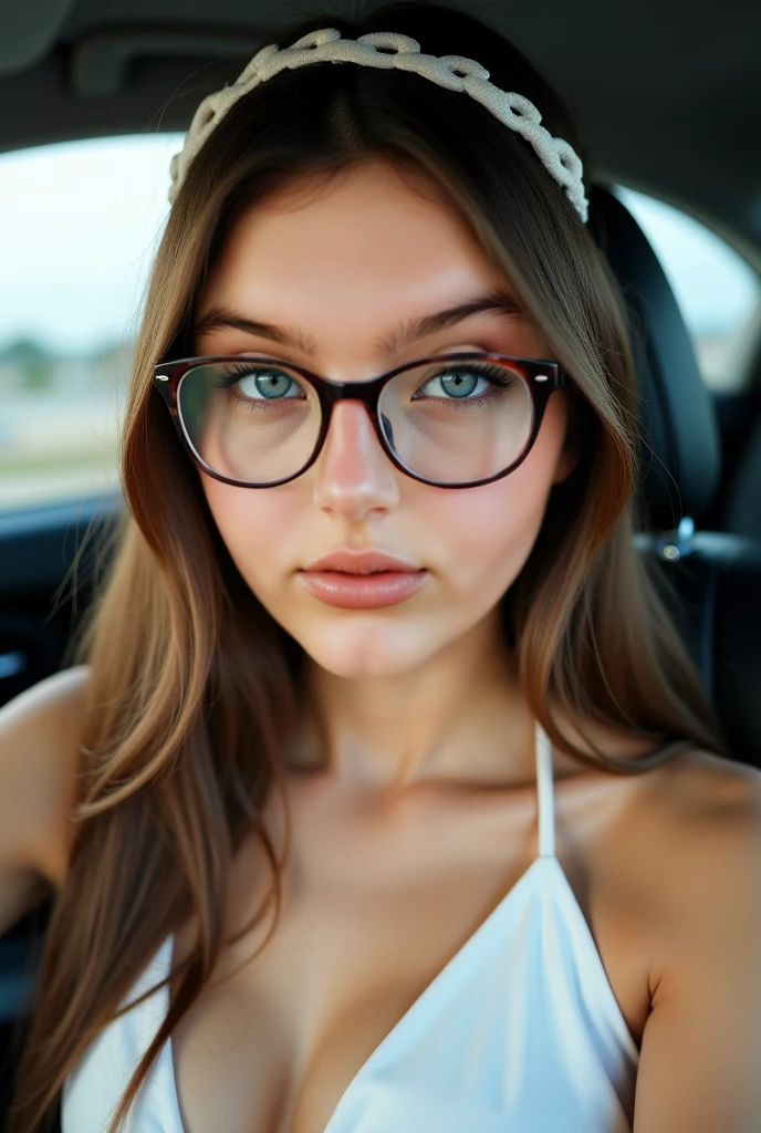 1girl, solo, long hair, looking at viewer, blue eyes, brown hair, jacket, parted lips, glasses, teeth, lips, wavy hair, ground vehicle, motor vehicle, freckles, black-framed eyewear, car interior  <lora:saigetoohey_xl:1>