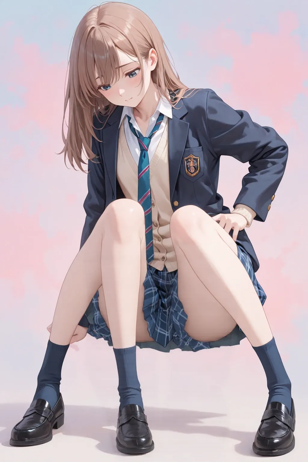 ((masterpiece, highest quality, High resolution, 超High resolution, pixel perfect, Depth of written boundary, 4k, RTX, human development report))), 1 girl, single, alone, beauty、see the whole body、 ((long hair, short riuhai, reddish brown hair)), ((blue eyes, beautiful eyelashes, realistic eyes)), ((detailed face, blush:1.2)), ((smooth texture:0.75, lively texture:0.65, lively:1.1, Anime CG style)), medium breasts, perfect body, smile, attractive way to sit, Brewing tea in a teapot, (The wind blows my hair,bare shoulders、expose her breasts) , It snows heavily at night、(((show panties:1.3)))、M-shaped spread legs:1.4 Finest, masterpiece, High resolution, (Full body diagram from head to toe), front, frontComposition from slightly below, symmetry, 18 year old tall girl, alone, (whole body from head to toe), (small breasts), Unkempt brown hair,(white luxury lingerie), (sit with legs spread), (squatting pose), (Composition showing white panties), (her legs spread、I can see white pants.), (I was made to sit on the floor with my legs apart..),((((M-shaped spread legs:1.4))))
, thin legs, A very beautiful and tall 18 year old girl, (not wearing shoes), blush, shy big eyes, looking at camera, (((blazer uniform, plaid pleated skirt)))、((Vulgarity)),