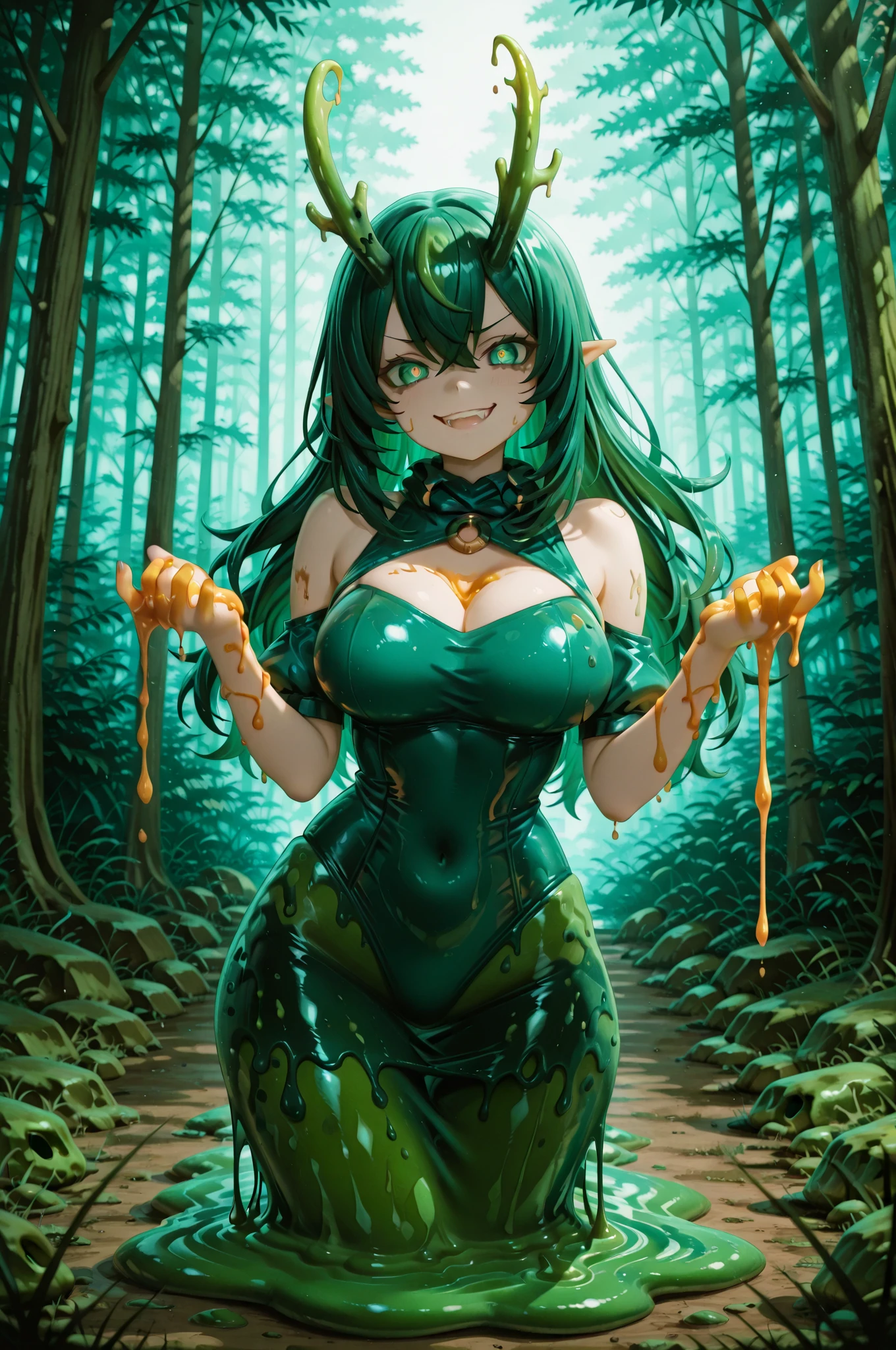 ((Highest quality)), ((masterpiece)), (detailed), (Perfect Face)、The female frog monster is Yukikaze Mizuki, a frog woman with medium-long brown hair and green skin.、The woman is naked and has the body of a frog, a frog girl, with webbed hands and feet, a frog-like posture, a frog-like body surface, and a frog-like tongue, the length of which is also1A total frog girl with a meter-long tongue, clinging to a giant frog、The female is by the water in the forest mating with a giant male frog.