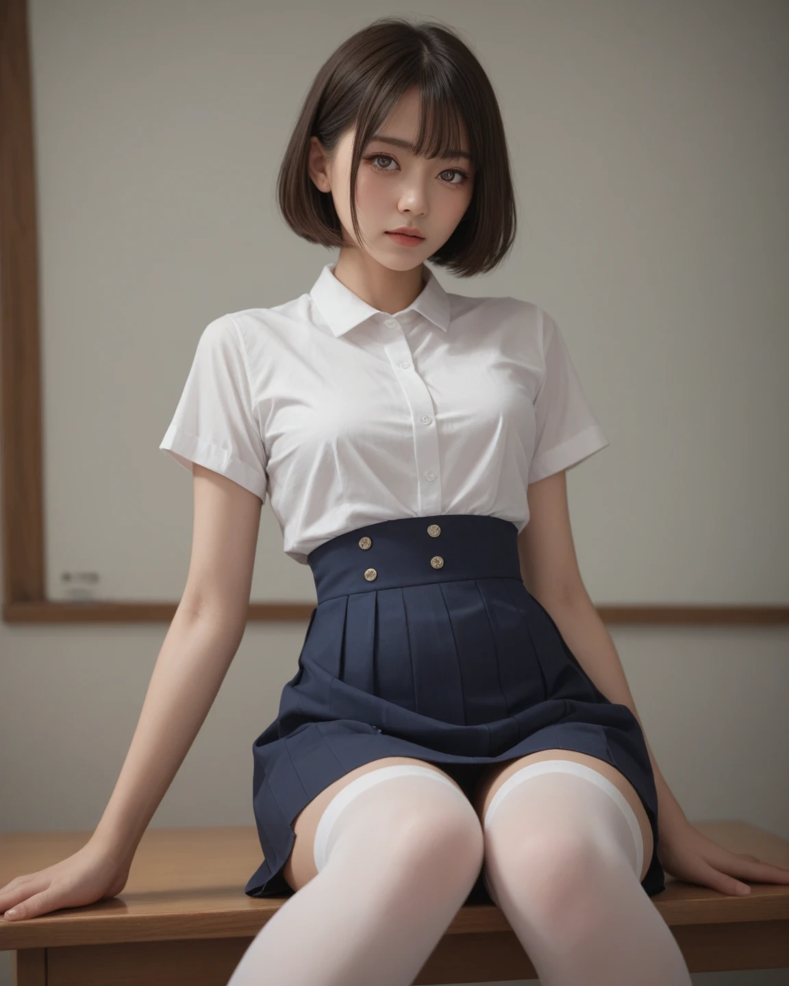 Highest quality,Very detailed,masterpiece,Realistic,Photorealistic,Bright lighting,1 Girl, Very beautiful 17 year old girl, (cute:1.2),A faint smile, (Brown eyes),(Light brown hair),(bangs),Perfect glowing skin,Perfect Skin,((??????,Sexy and sexually explicit)),((Accurate needles without discord)), Big and ample breasts,Big breasts and small waist, Pay attention to your audience,,((Short sleeve uniform white shirt)),(Mini pleated skirt in blue),(((スカートをLift it yourself))),(Lift it yourself),Browsing Caution,(Showing panties:1.3),Wearing panties,Panty Focus,((sit,Legs wide open)), socks, (black knee socks),(Loafer shoes), Daytime,in the train,Sideways seating with your back to the window, Big smile