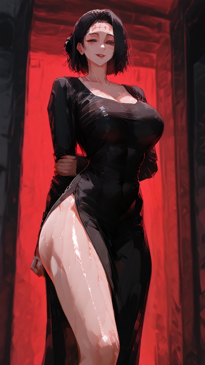 woman full body toe to head, short bob white hair, feet together, high boots, big breast big knockers, hands on hips, red tattoo on belly navel, lustful smirking smile face, royal bedroom background