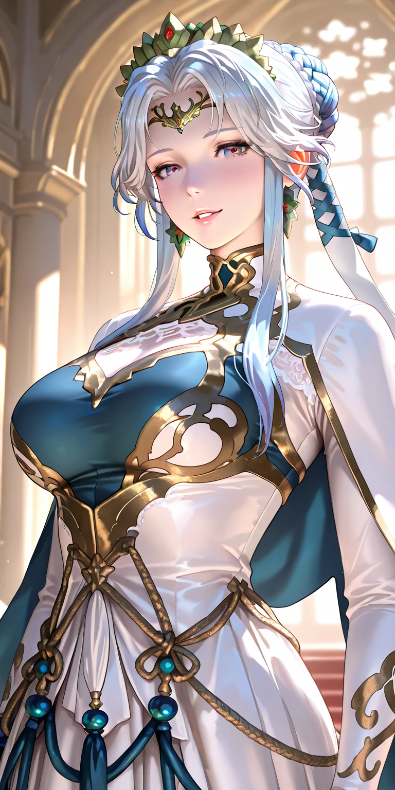 (((Face close-up))),(((No background))),(Expressionless),((((Portrait of a woman alone)))))),((Upper Body)),((alone)),((Hair fluttering in the wind)),((Side angle)),((Exposed shoulders)),Anime art style,masterpiece,(Highest quality), (Super Details),(Very delicate and beautiful),(alone),(Detailed face and eyes),Beautiful eyes like jewels,(A truly gorgeous jeweled ruffled rococo ball gown dress),(((Mature Woman,Queen))),fgo,Anastasia, Anastasia, blue eyes, Grey Hair, Hair between the eyes, (Hair on one eye:1.5), Long Hair, bangs, break blue Cape, brown hair band, Cape, dress, Fur trim, hair band, Royal Robes, sash, tachi-e, white dress, Wide sleeves, break looking at viewer, break indoors, break (masterpiece:1.2), Highest quality, High resolution, unity 8k wallpaper, (figure:0.8), (Beautiful attention to detail:1.6), Highly detailed face, Perfect lighting, Highly detailed CG, (Perfect hands, Perfect Anatomy)