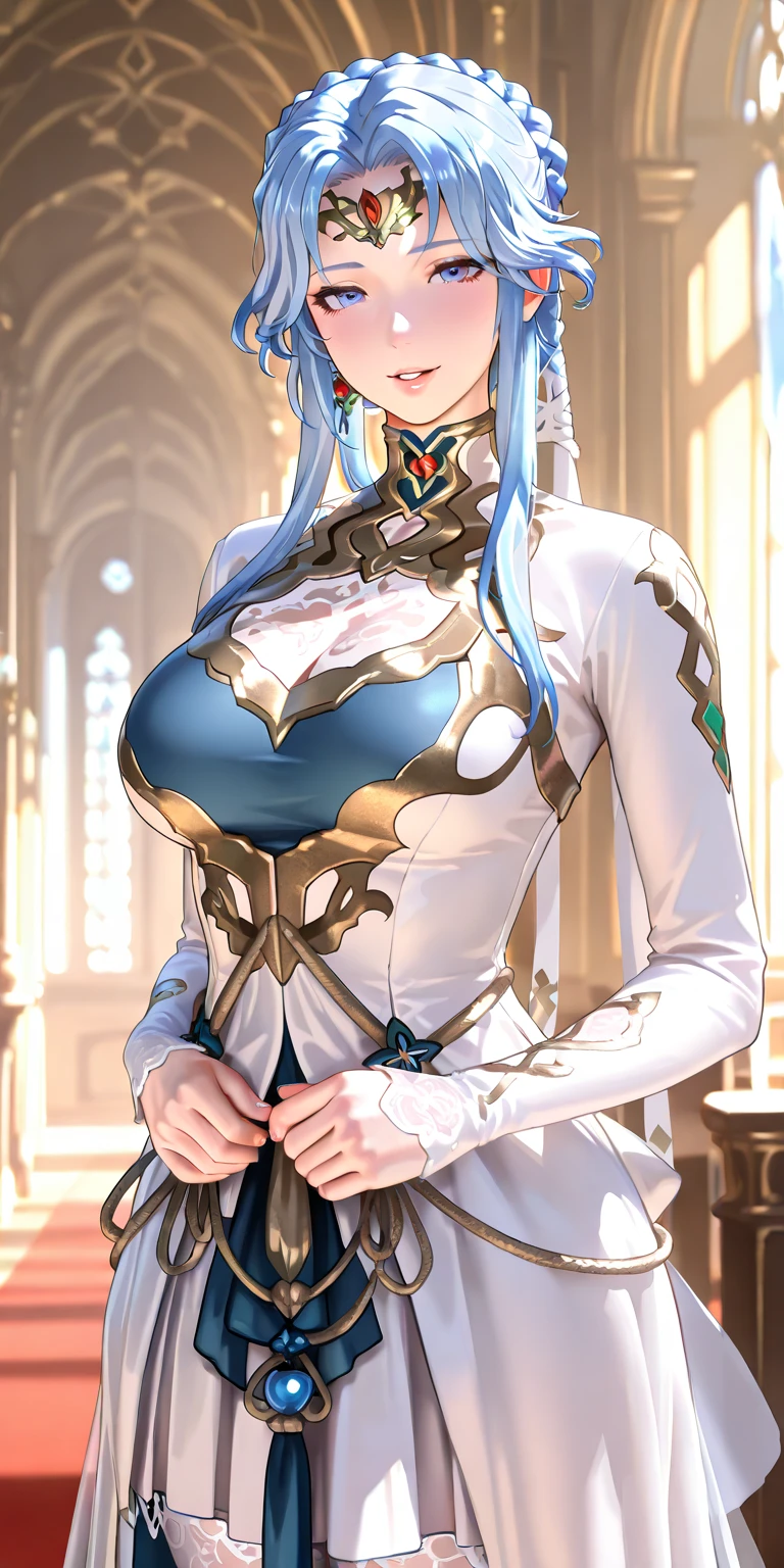 ((highest quality)), ((masterpiece)), ((hyperrealistic)), (detailed background), anime style, solo, 1girl, langrisser, ((curvy: 1.2)), kawaii, ((fantasy armor: 1.3)), Silver long hair, ahoge, (white paladin armor), ((black leotard: 1.3)), ((large breasts)), ((arm guard gauntlet)), (cleavage breastplate), (big butt), (thighs), (groin), beautiful aqua eyes, perfect face, Perfect hands, perfect fingers, Blue sky and grassland,