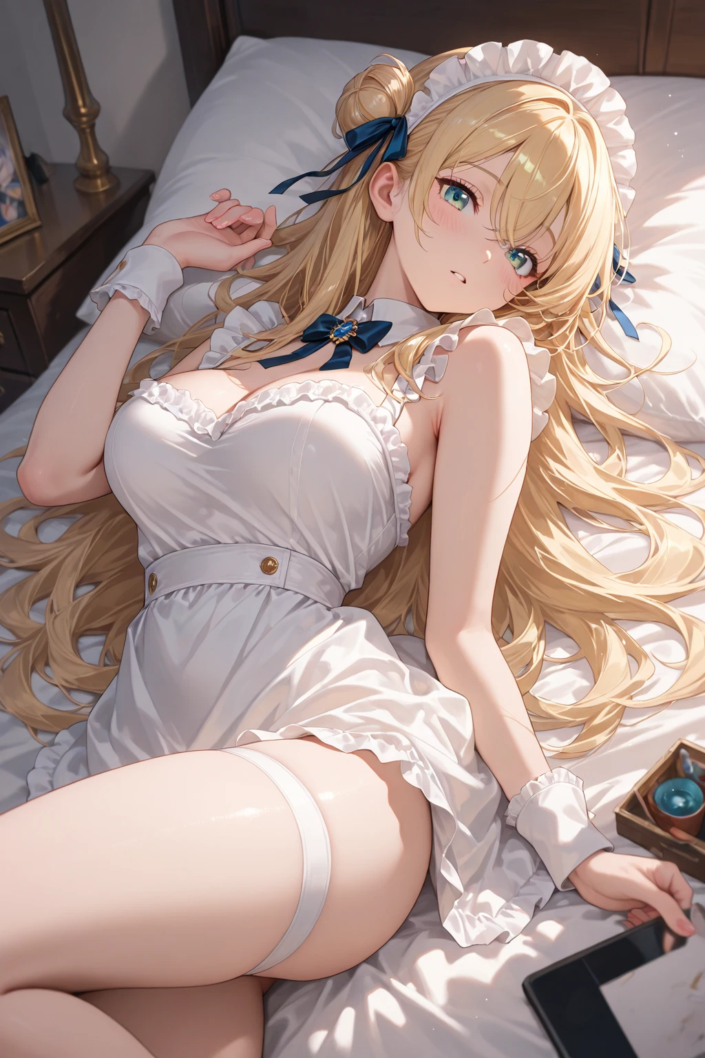 debris flies, highest quality, Highly detailed CG Unity 8K wallpaper, sexy witch , Long length hair、Dark blonde wavy hair、off shoulder knit, dark blue pleated skirt, stockings、medium breasts, saggy breasts, Pose that emphasizes the chest, blush, shy smile, bare shoulders, (((lift up the skirt with both hands、open your legs wide、please open your knees、touch crotch)))、、nice magic book、church bed、lying in bed、、light blue panties、light blue bra