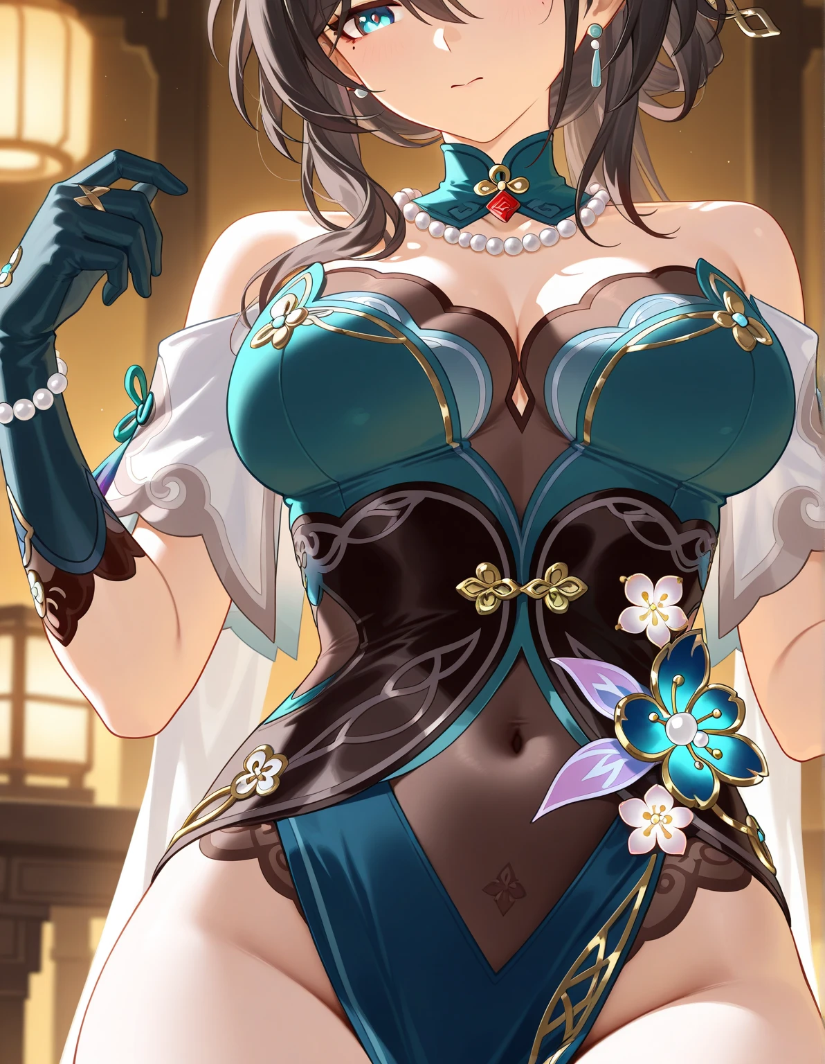 dark brown hair, blue colored dress, green eyes, gigantic breasts, cleavage, bare legs