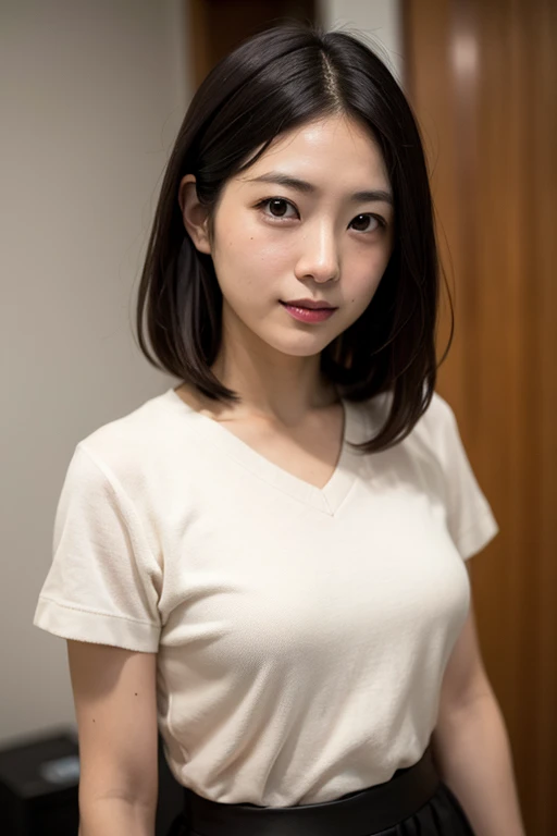 lens: 135mm f1.8,(Highest quality), (Beautiful 14 year old Japanese girl),  (Moisturized lips), Narrow eyes, double eyelid,Delicate clavicle,Flat Chest,Very short hair,
 (Let me me me me&#39;Let me me me&#39;Let me me&#39;Let me&#39;Let&#39;s take another look),  shame, A faint smile,
(In front of a white wall:1.2), Professional Lighting, 
(Japanese 、White T-shirt), (Sunburned skin:0.2),Full body photo、Full Body Focus、Sit on the sofa