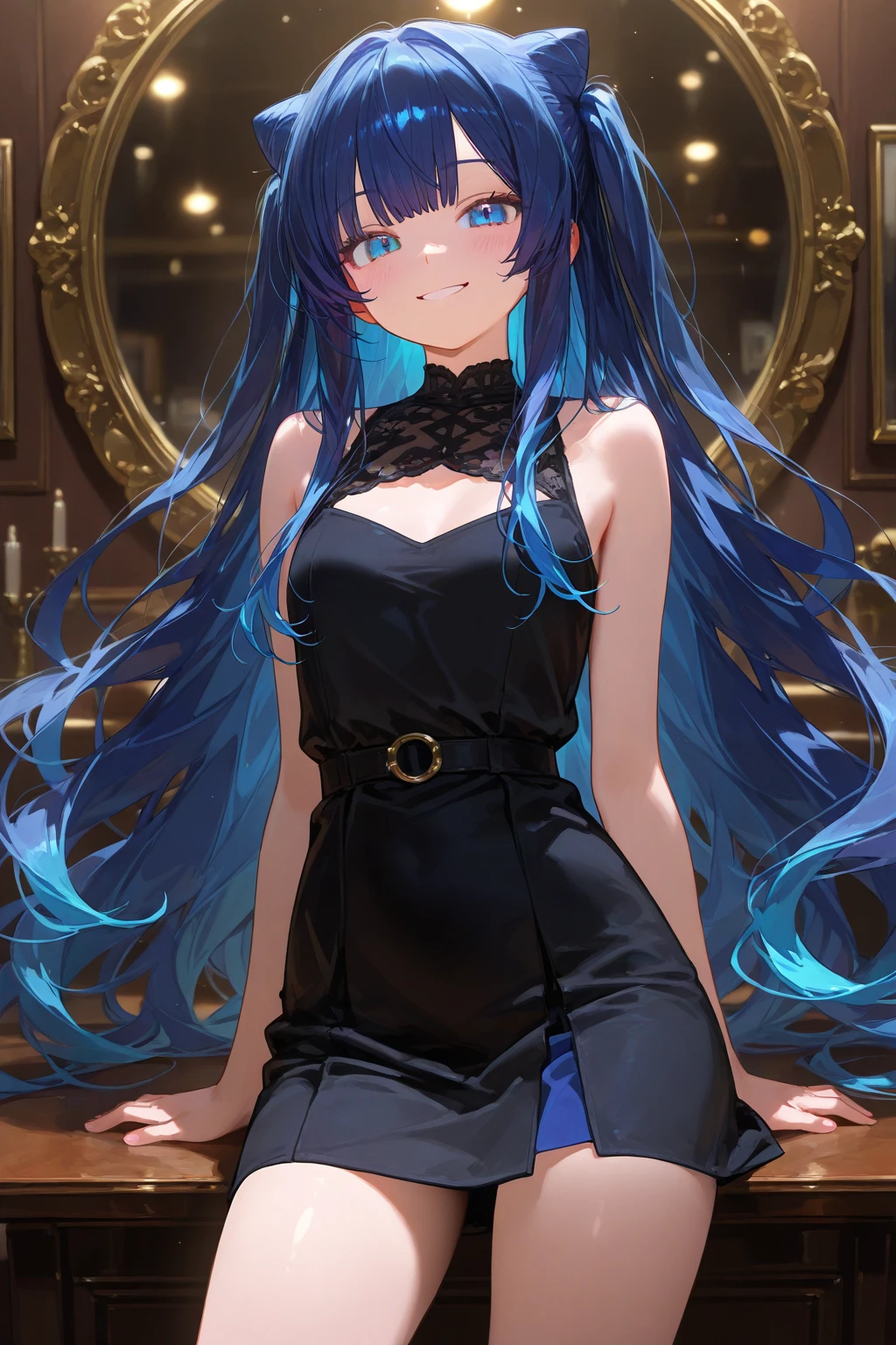 (masterpiece, best quality:1.5), <lyco:Lyria-v2-000008:1.0>, Lyria, blue hair, long hair, blue eyes, looking at viewer, cowboy shot, Lyriadress, smile, sitting,