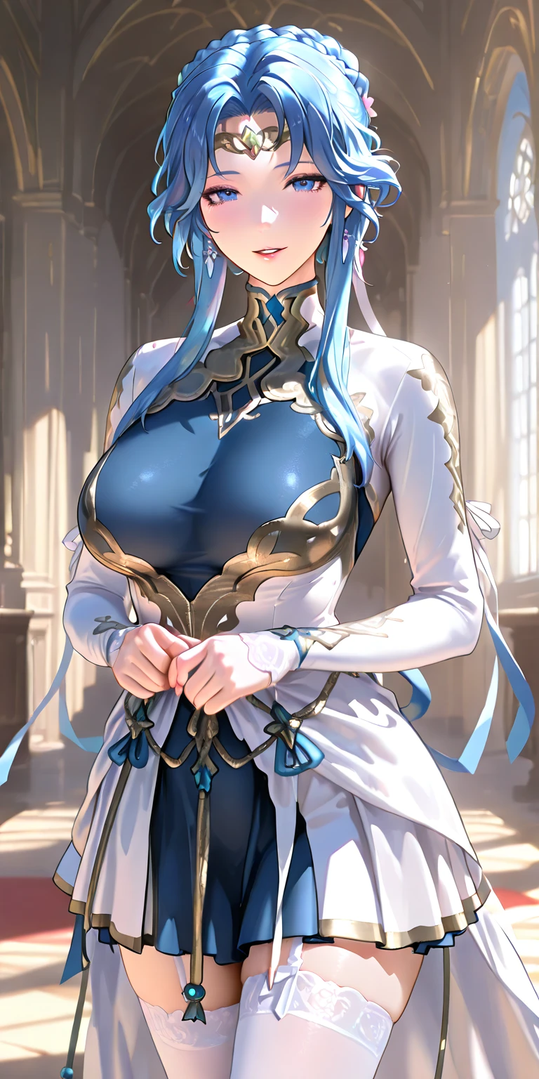 masterpiece, best quality, finely detailed, high resolution, maximalist, by artgerm, 8k anime artwork, 8k photo, trending on artstation. This stunning beautiful artwork portrays a 20-year-old chubby girl with a captivating aura. Her face is adorned with strong pink makeup, accentuating her beautiful detailed eyes, which gleam with silver blue hues. Her detailed lips are parted in a seductive and sensual pose.

Her long silver hair cascades down to her waist, gathered in a high white ponytail adorned with a light and transparent veil filled with charm and seduction. She stands