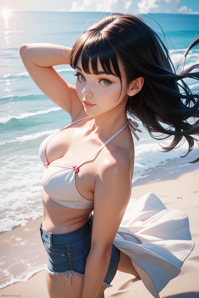 girl in bikini sitting on a rock by the ocean, seductive girl, attractive girl, at a beach, realistic bikini, in the beach, at the beach, moe artstyle, guweiz, beautiful girl, is wearing a swimsuit, at the sea, beautiful alluring woman, (girl), in bikini