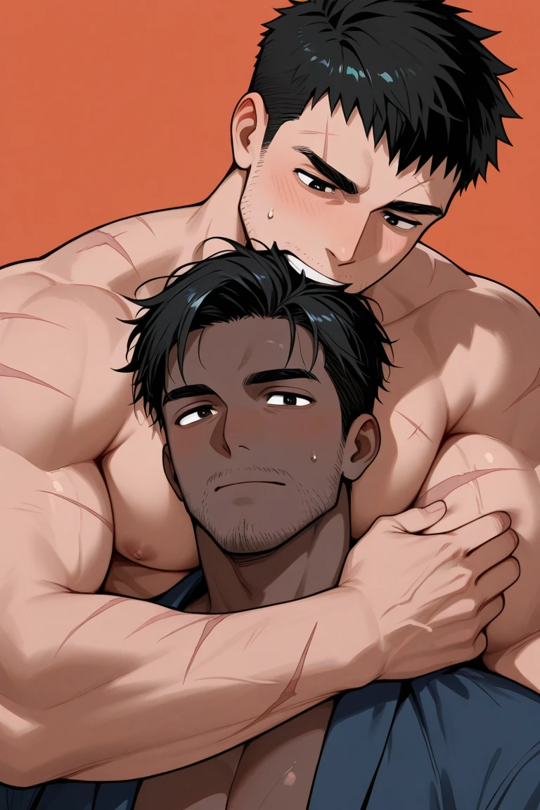 Highest quality、(muscular male:1.5)、(father:0.5)、guy、Black Hair、Brown skin、Short Hair、Sports haircut、short hair、 hug from behind 、grabbing another’s chest、(sweat:1.4)、(steam:1.2)