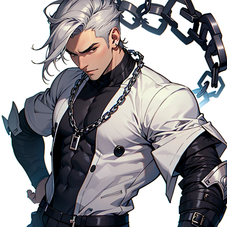 Men small fresh meat,white color hair,Hair three or seven minutes There is a tear mole under the right eye,Black eyes,Teardrop-shaped single earrings V-neck black shirt Grey chest strap Black collar Silver necklace Belt tied to left shoulder Black gloves on left hand Kick trouser pocket with right hand Black trousers Grin Diagonal belt Motorcycle pants chain,Black leather shoes