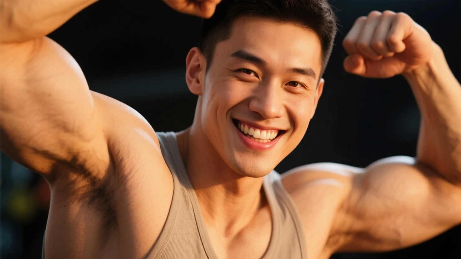 Chinese-korean Idol male gymnast, muscular, muscular, broad shoulders, pale skin, handsome face, joyful expression, wet with sweat, holding a water bottle, fine facial features, sitting on the edge of the gymnastics field taking a break, sharp image, Looking at the camera, studio lights, modeling, sexy and cute, sexy pose