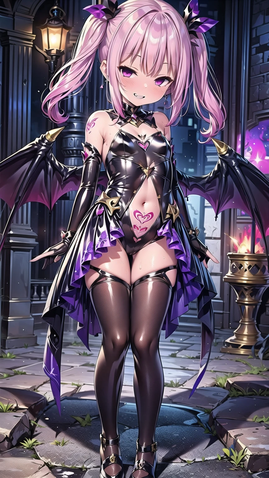 masterpiece, Highest quality, Very detailed, One girl, alone, corruption, Wicked Smile, Genital tattoo, magical girl uniform, Retention Staff,, Black clothes, ,Dark shadowed face,Sadistic smile,Malice,Contempt,smile,latex,Bad face,,,two hands,Two legs,five fingers,evil background,elbow gloves,latex, Wicked Smile, devilish aura (Shiny fabric:1.5),Dark world background,solo,feet,Standing on the rubble,