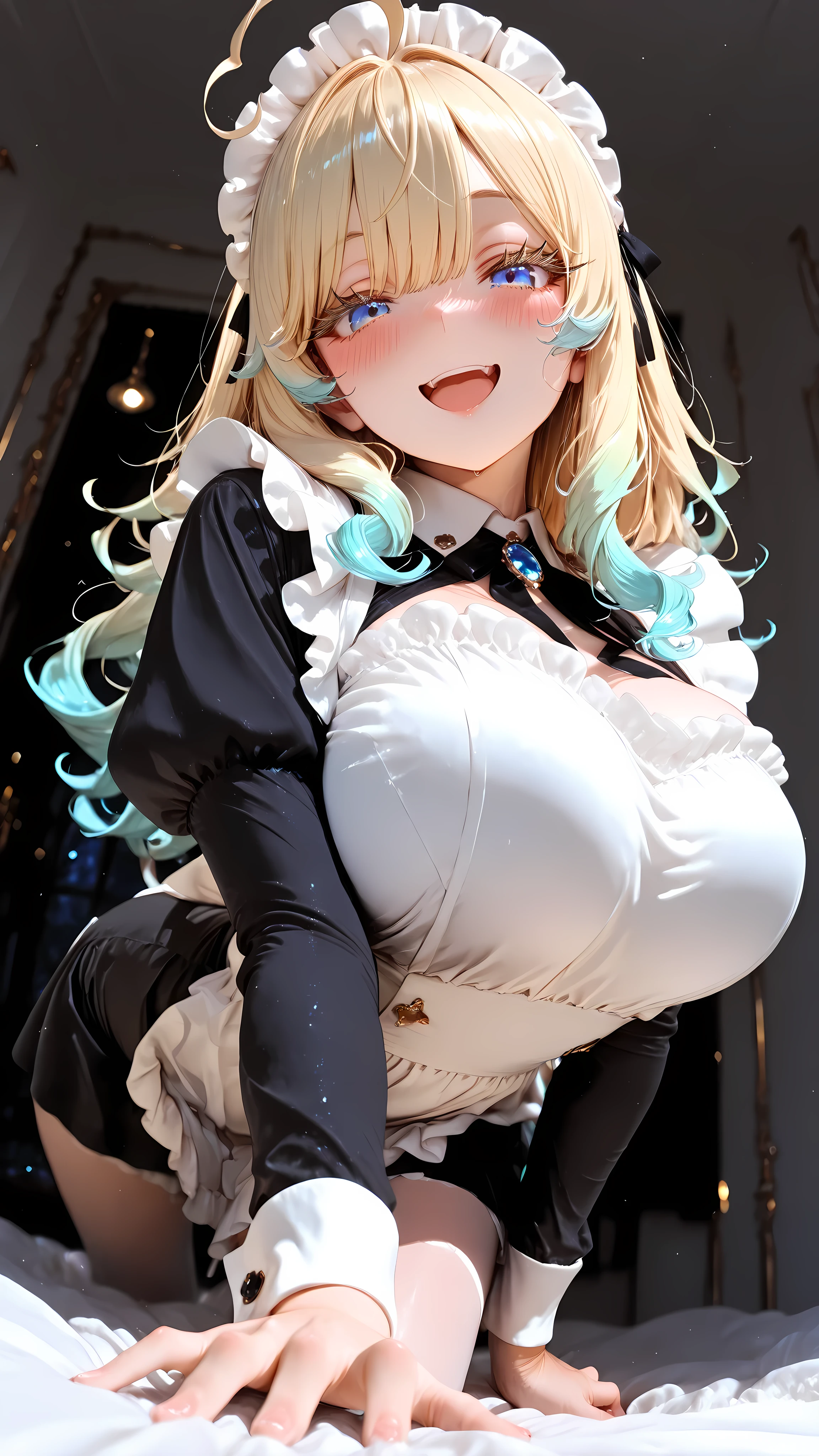 masterpiece, best quality, high quality, very_high_resolution, ultra detailed, detailed,maid girl, frills, wide eyes, (blush), (smile), (open mouth),(jitome),high detailed eyelashes, thick eyelashes, long eyelashes, glittering, eyelashes, bright eyelashes, (girl), (uge ahoge), gold hair, wave hair, blue eyes, victorian maid,big breasts,(low crawling pose:1.4), (foreshortened hand:1.4), (wide angle:1.3), (arched back:1.2), (extreme perspective:1.4), unpredictable view, tilted perspective, perfect_hands, correct_anatomy Cute,looking at viewer, movie perspective, depth of field, dramatic composition, blurry background, ((contrapposto)), clear color scheme, bright and clean colors, black and white palette, fresh atmosphere,night
