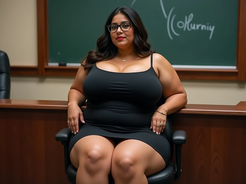 Chubby, busty, voluptuous, wearing tight outfit, too big, teacher, drenched in liquids, working hard, stuffed, cheating, school, wearing glasses, teaching, oblivious