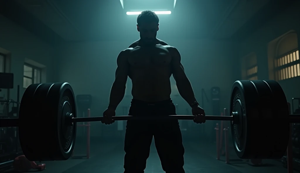an empty gym at night, someone lifting weights, their face showing determination.