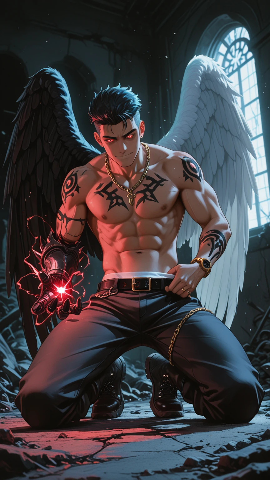 (((angel caido!angel!big black angel wings!Gothic))),perfect composition,!)), ((Unintentionally exposing chest muscles.))body hair, hairy chest, elegant macho, elegant barbilla de chad, Elegant and attractive, Elegante y elegant, elegant hombre, Attractive man, masculino y elegant, , elegant, posing attractive, Attractive man, Attractive man, 35 year old man!Raise your little head,Chimney(first portrait!))showing off his hairy pecs showing off his hairy chest muscles),),(short mustache)Show hairy and muscular eyes..,)head space!Charming and serious look..,(hombre elegant,Dressed in an embarrassing posture,Perfect body anatomy,Beautiful man face detail,perfect foot,perfect hand!Ultra low angle shot!An image of an anime character with a necklace.., muscular man, realistic muscles, human representation style, Gothic, Anime core, meritocracy, at the romantic academy, garbage, Anime core, Aestheticized violence, whole body, dark gym, coloring Waiting to start