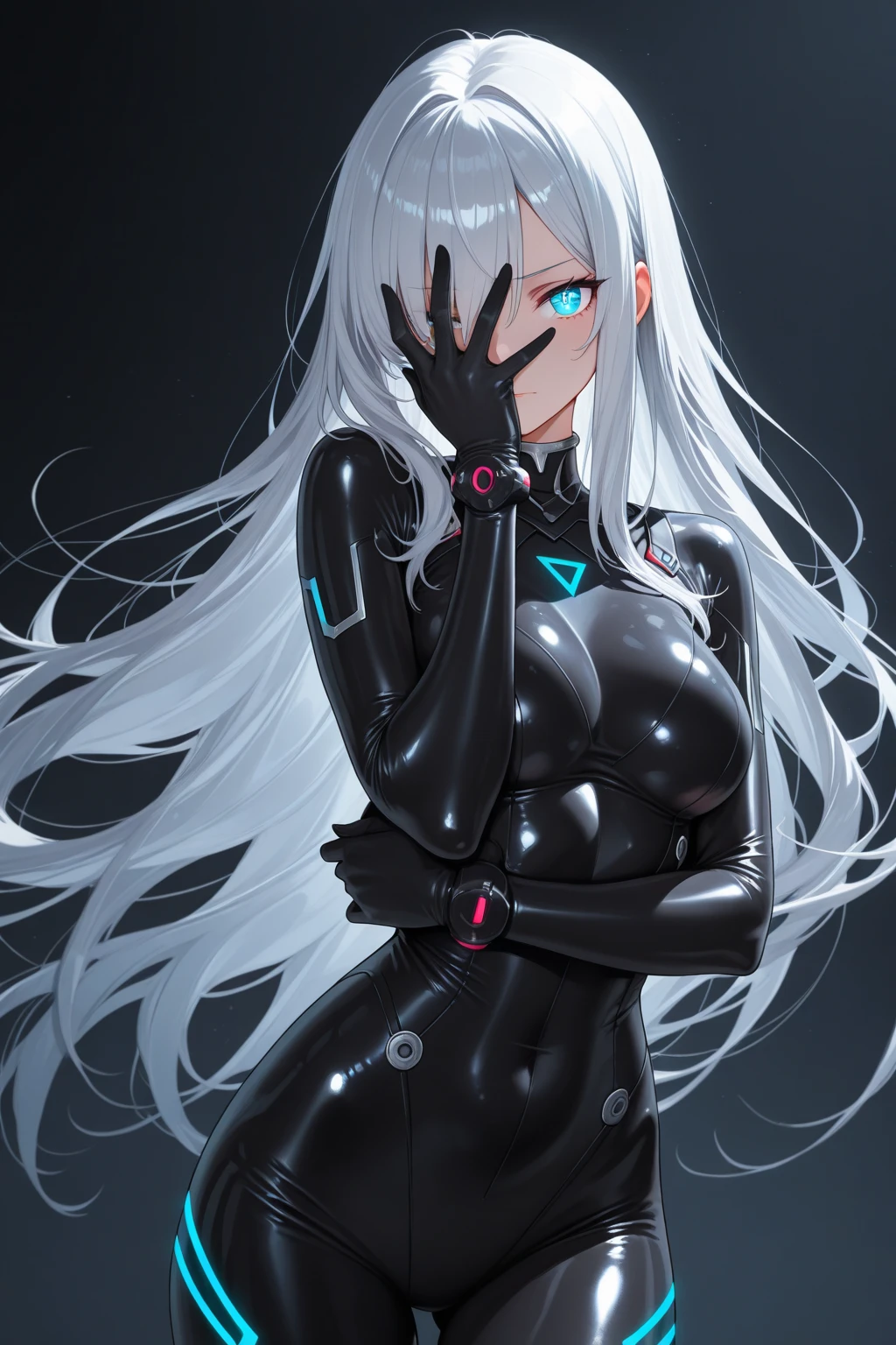 highest quality、Realistic、zoom、girl、Silver Hair、Light blue eyes、Long Straight Hair、Hero Suit、Black shiny bodysuit、Brown Skin、Black body、Dark skin、Black、slender、Sweat、smile、