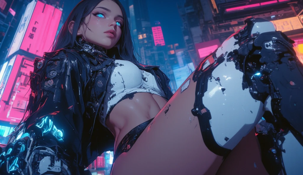 gothic woman, rubio, cyberpunk city background, sexually, half naked, whole body
