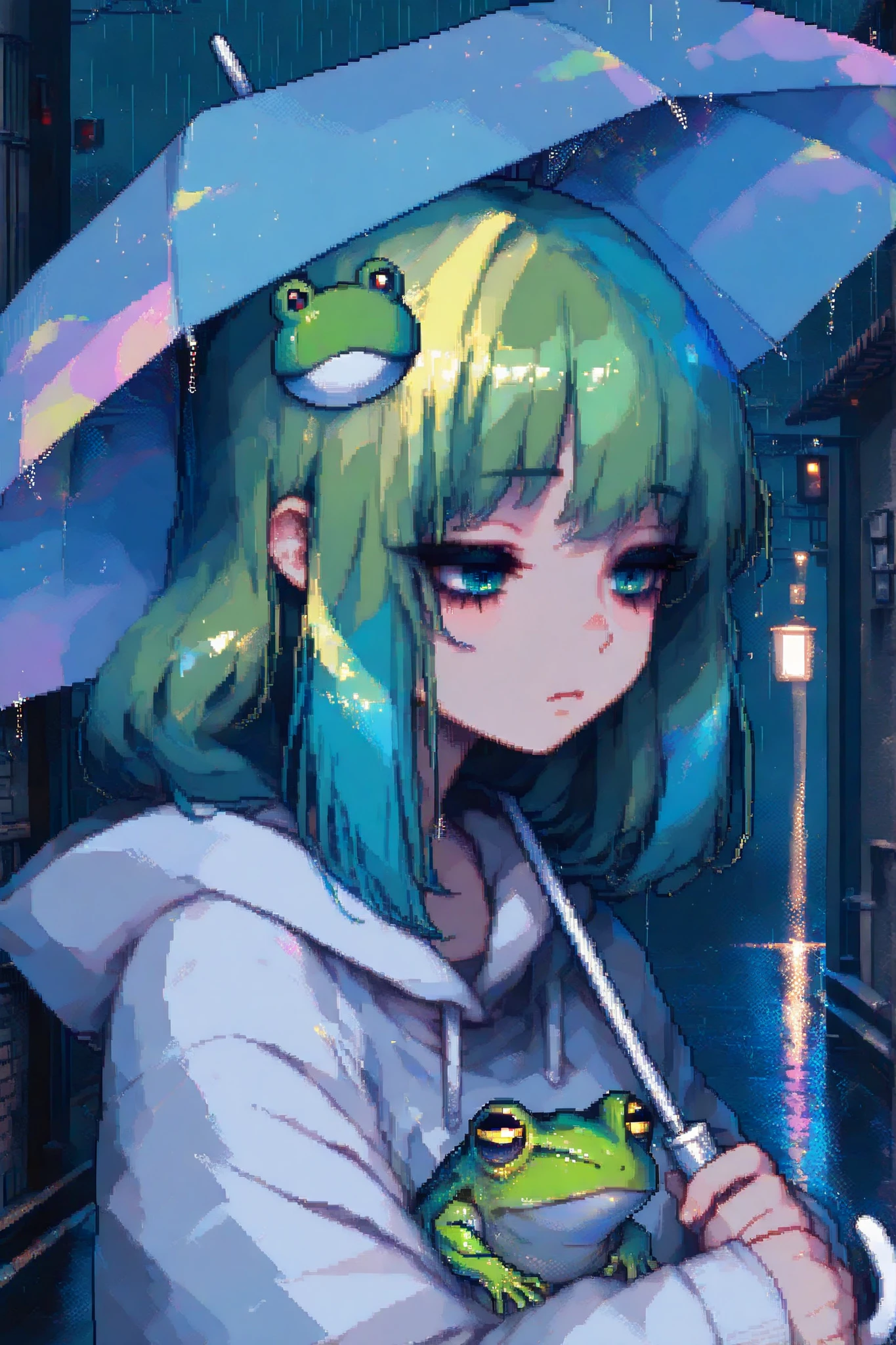 rainy day,night,It's Raining,1girl,frog,umbrella at the corner of the road,cute,colorful,pixel art,close-up,The background is gently illuminated,Anime Chic,safe content (masterpiece, 最High Quality, High Quality, detailed background, complicated details,complicated,Ultra High Resolution, deep,Newest:1.2)