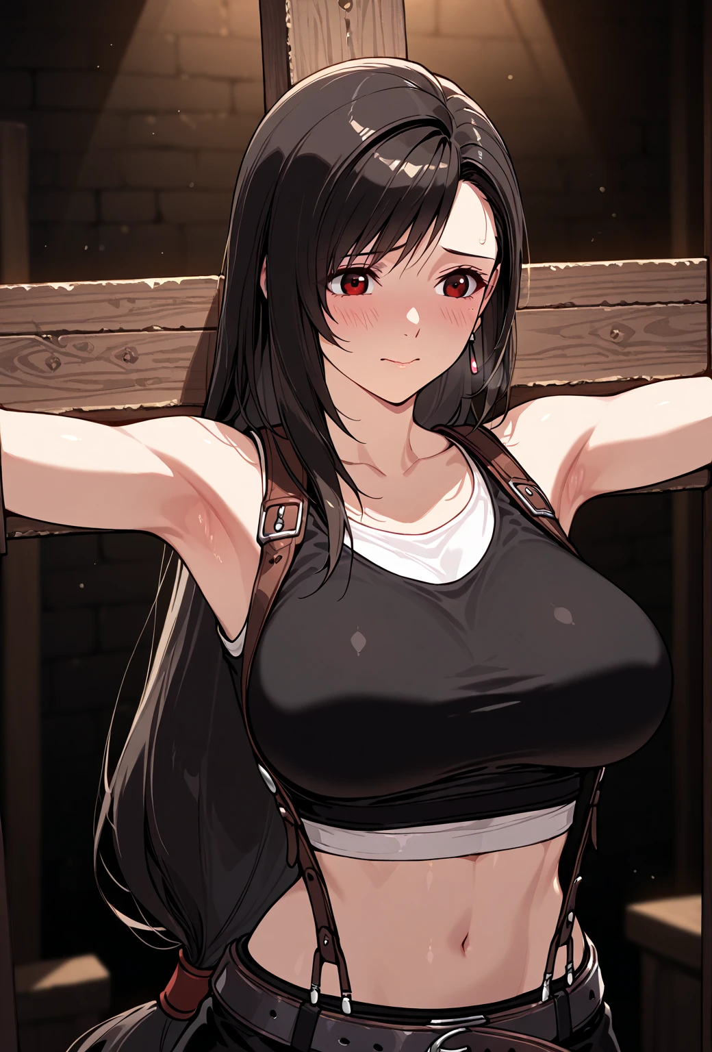 black hair yellow eyes sad expressionless muscular huge breasts pale skin gloomy gloomy gloomy gloomy gloomy pillory pillory