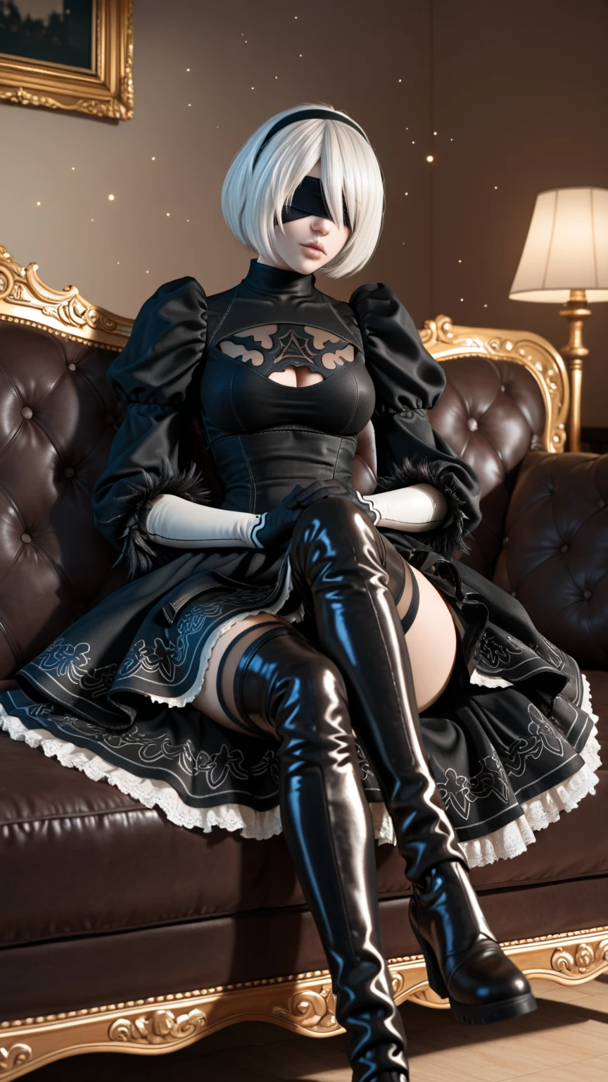 8K,Masterpiece,One woman,Smile,30 years old,blue eyes,White Hair,Short Bob Hair,(Gothic Lolita),Dutch beauty,Ella Freya（Ella Freya),skirt lift,(White panties),2b, short hair, Knee socks, gloves, Long sleeve, dress, Slender figure, Cleavage, Small breasts, Gray Hair, hair band, boots, Puffy sleeves, black Knee socks, Black footwear, Mole, black dress, High heels, leotard, Clothing cutouts, thigh boots, Cleavage cutout, black hair band, Juliet Sleeve, high heel boots, Feather ornament sleeves,