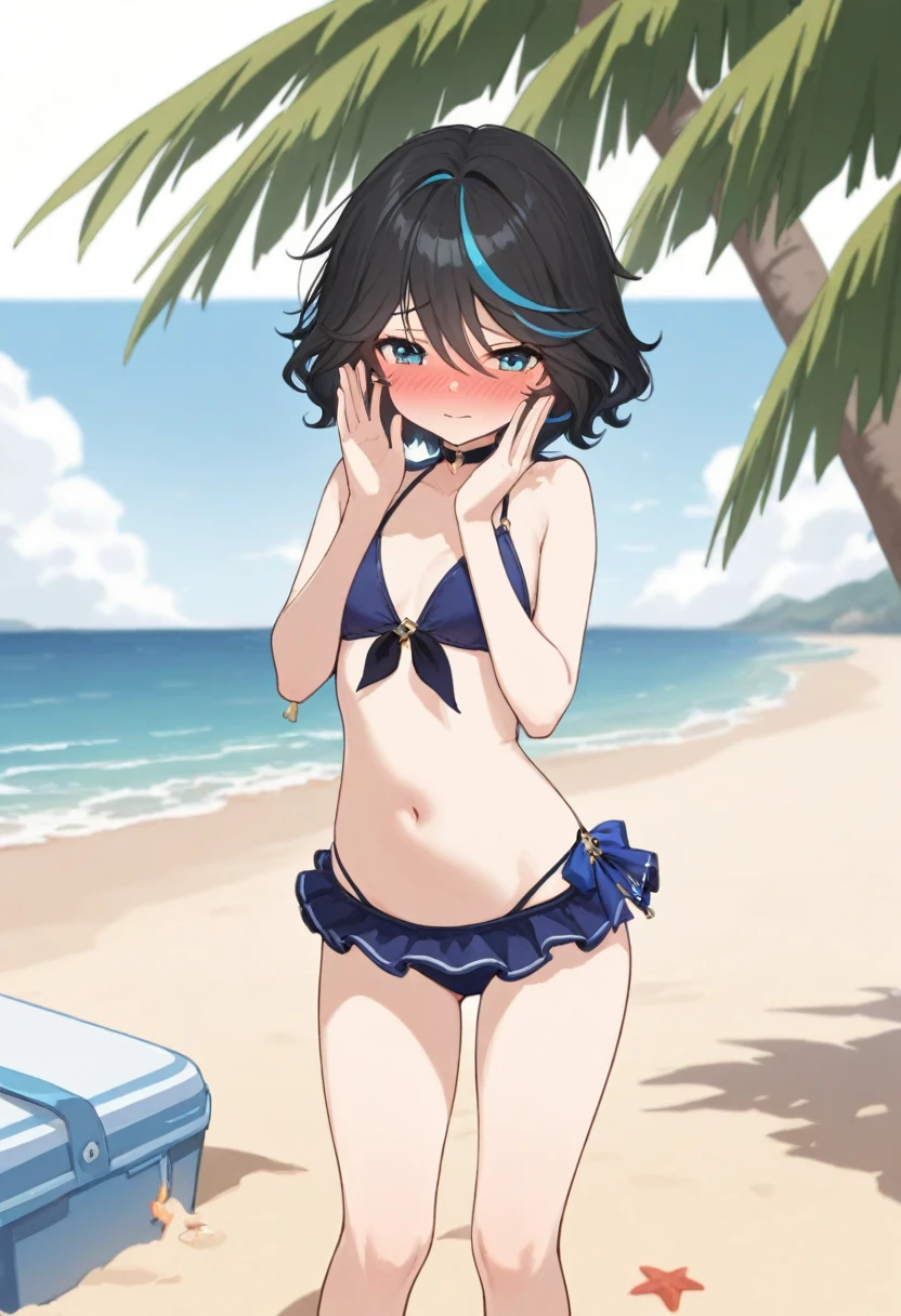 Umi Sonoda, Long Hair, Blue Hair, (Yellow Eyes:1.5) (Flat Chest:1.2),,happy smile, smile, Open your mouth,Black bikini swimsuit with frills,barefoot,Water Play,True Summer,Clear skies,Daytime,Wet swimsuit,Wet Skin,Wet Hair,　　　　　　　　　　　　　break looking at viewer, whole body, (Cowboy Shot:1. 5)　　　　　　　　　break outdoors,Beach, 　　　　　　　　　　　break (masterpiece:1.2), Highest quality, High resolution, unity 8k wallpaper, (shape:0.8), (Beautiful and beautiful eyes:1.6), Highly detailed face, Perfect lighting, Highly detailed CG, (Perfect hands, Perfect Anatomy),