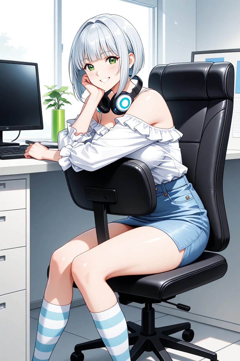 1girl, solo, ((white shirt)), black thighhighs, breasts, cleavage, uniform, office background, black skirt, pleated skirt, office,large breasts, looking at viewer, BLUE SEA HAIR, solo, thighhighs, thighs, very long hair, ((masterpiece)), sitting, chair, desk, computer on desk, name tag, id tag, indoor, blush, sexy pose,