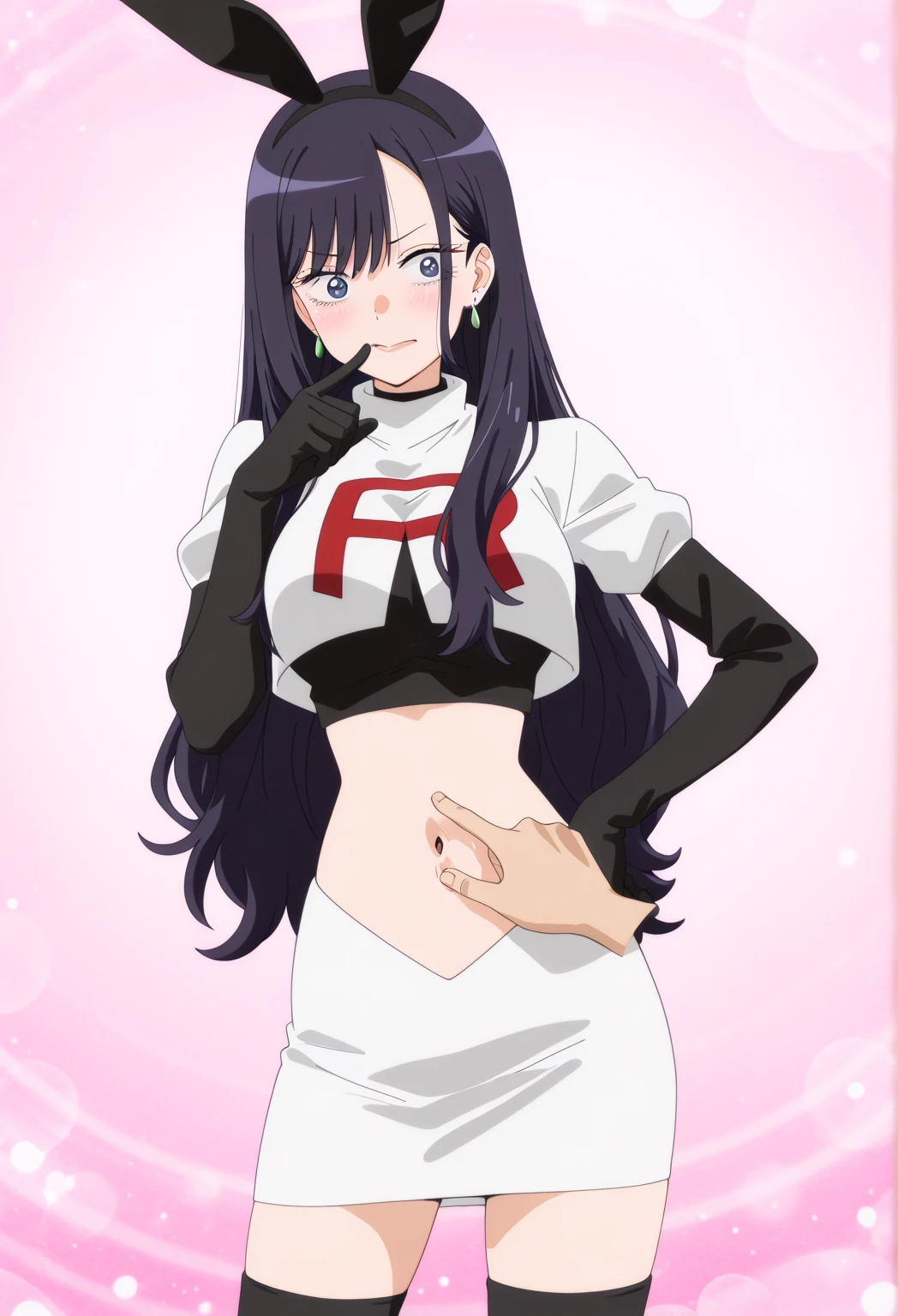 score_9, score_8_up, score_7_up, score_6_up, uncensored, yukinoshita yukino, black hair, long hair, grey eyes, (small breasts:1.3), naughty face, shiny skin, sweating, steaming body, heavy breathing, BREAK (masterpiece:1.2), best quality, high resolution, unity 8k wallpaper, (illustration:0.8), (detailed eyes:1.3), extremely detailed face, perfect lighting, extremely detailed CG, (perfect hands, perfect ???????), looking at viewer, 1girl, flower, breasts, paper, navel, white_flower, hand_on_hip, solo, bare_shoulders, parted_lips, thigh_gap, index_finger_raised, blue_background, rose, sleeveless, looking_at_viewer