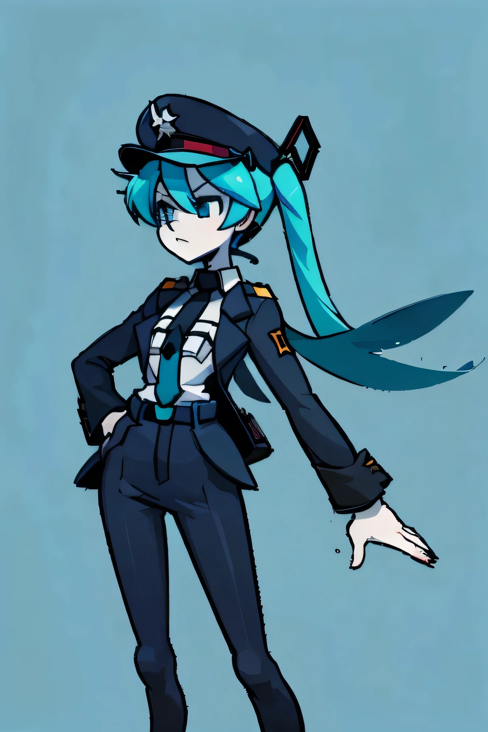 Hatsune Miku, with an SS-Dienstanzug style uniform: officer's black cross jacket, white shirt underneath, black tie, simple black belt, bastic red bracelet with symbol, black pants, black leather high boots, black cap with silver eagle visor with skull emblem, military war medals on the chest, serious expression like Tanya Degurechaff, long twin teal teal, very pale white skin, Anime style, front view, clean white backgroundHatsune Miku, with an SS-Dienstanzug style uniform: officer's black cross jacket, white shirt underneath, black tie, simple black belt, bastic red bracelet with symbol, black pants, black leather high boots, black cap with silver eagle visor with skull emblem, military war medals on the chest, serious expression like Tanya Degurechaff, long twin teal teal, very pale white skin, Anime style, front view, clean white backgroundHatsune Miku, with an SS-Dienstanzug style uniform: officer's black cross jacket, white shirt underneath, black tie, simple black belt, bastic red bracelet with symbol, black pants, black leather high boots, black cap with silver eagle visor with skull emblem, military war medals on the chest, serious expression like Tanya Degurechaff, long twin teal teal, very pale white skin, Anime style, front view, clean white backgroundHatsune Miku, with an SS-Dienstanzug style uniform: officer's black cross jacket, white shirt underneath, black tie, simple black belt, bastic red bracelet with symbol, black pants, black leather high boots, black cap with silver eagle visor with skull emblem, military war medals on the chest, serious expression like Tanya Degurechaff, long twin teal teal, very pale white skin, Anime style, front view, clean white backgroundHatsune Miku,