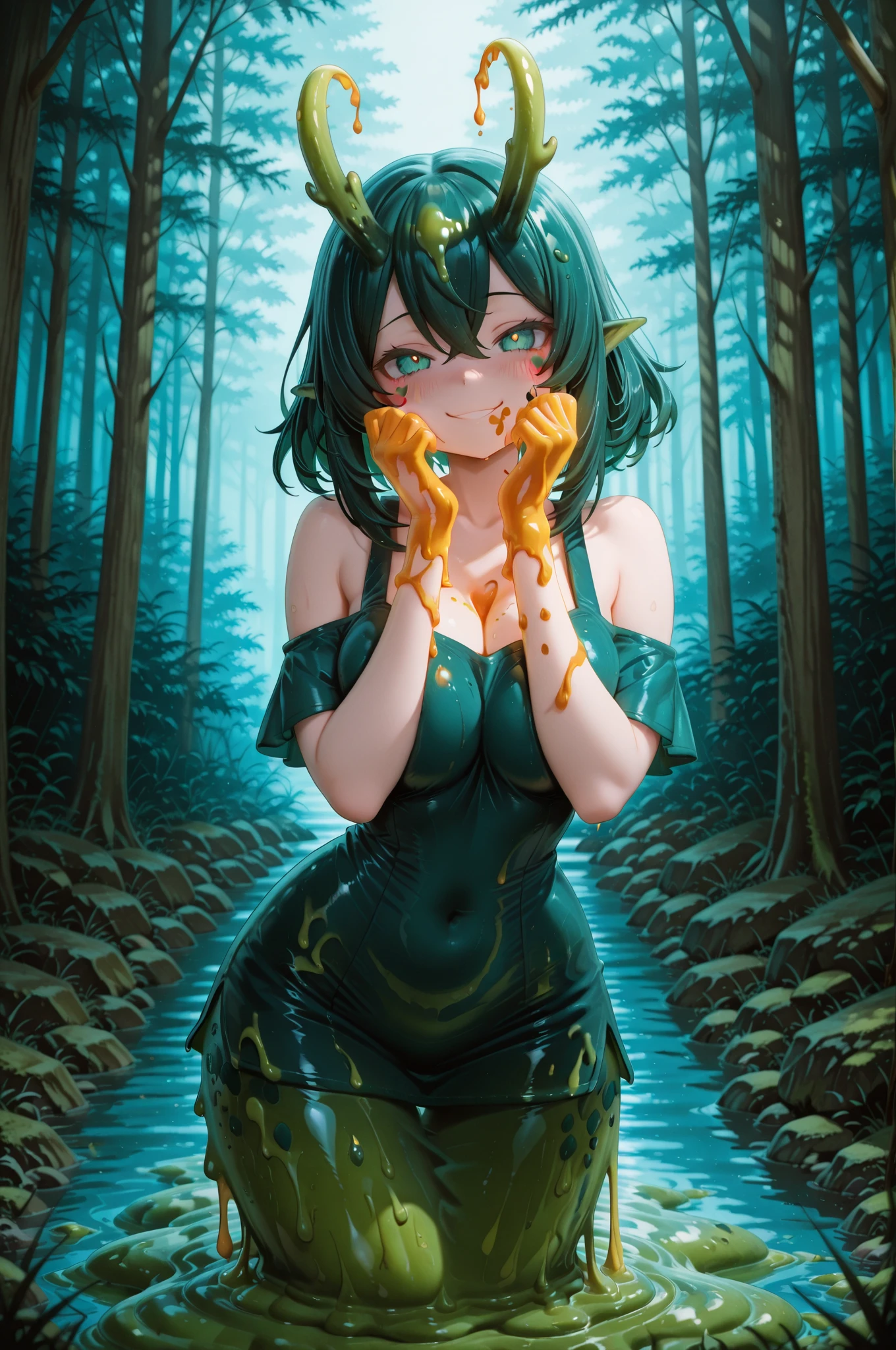 Slime girl, (slime) Slime hair Tellum hair style, Persian orange, emo clothing, Masterpiece, Best Quality, (two heads)