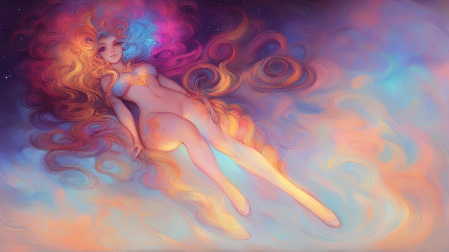 (highest quality）、（masterpiece：1.2）、（colorful：0.9）、（color scattering）、（watercolor painting)、sharp focuodel shot, High resolution, ) ((highest quality)), (Super detailed), (beautiful), alone, beautiful face、(Detailed cute redhead woman sitting on a fluffy cloud, nude, in the night sky with twinkling stars and a beautiful glowing moon, listening to music with headphones on and happily closing her eyes:1.3)、(Colorful long shiny messy hair:1.2),colorful eyes,dramatic、pastel colour