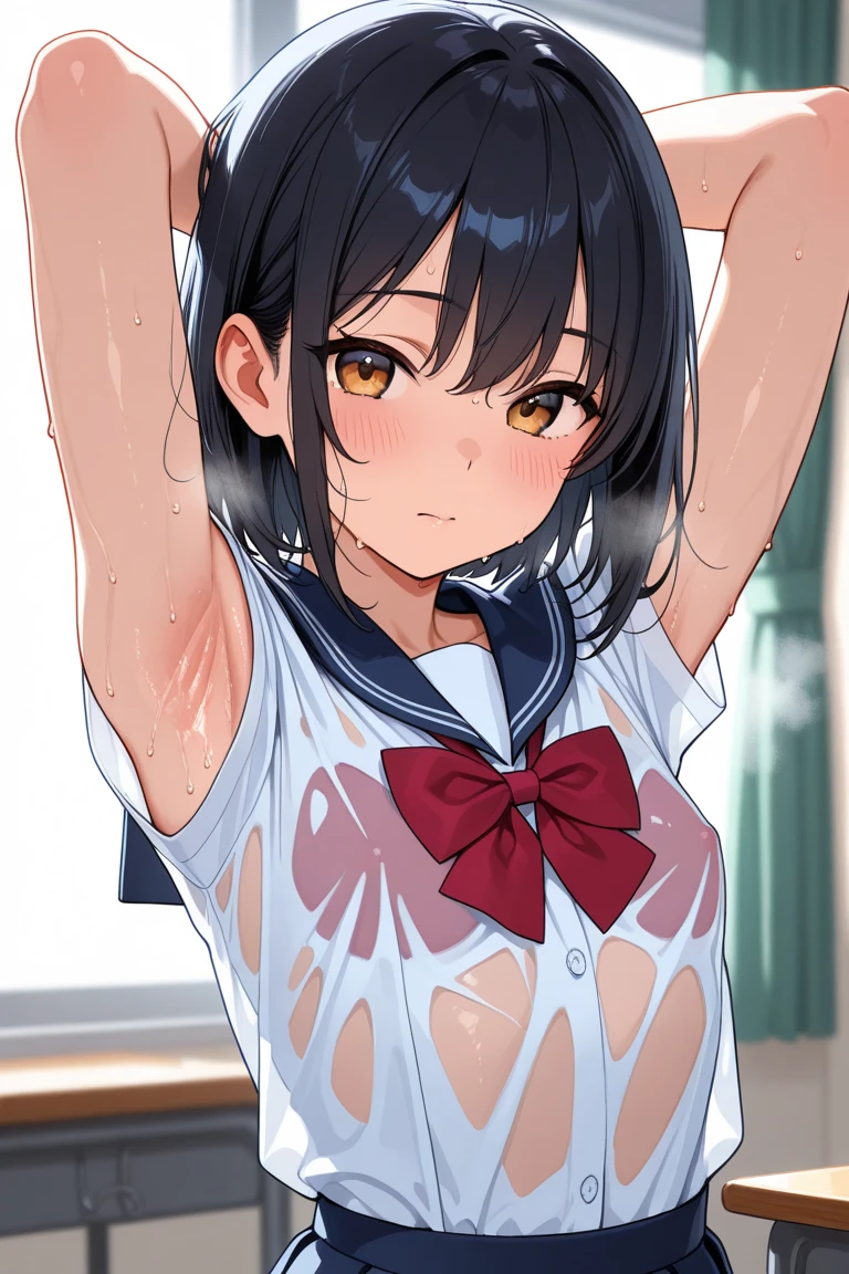 ((masterpiece, best quality)), high resolution,ultra detailed,8k,16k,detailed background, perfect lighting,detailed beautiful eyes, 1girl,solo,nsfw,embarrassed,blush,steam,sweat,in heat,(happy smile),look at viewer,face focus,(front view:1.2),upper body,seductive eyes,fisheye lens,be breathless,(show breast,naughty smile,show nipple),matoba_risa,black_hair,twintail,yellow_eyes,(flat_chest,slender,fair skin,short body,short statur,dwarf),school sailor,class room,
